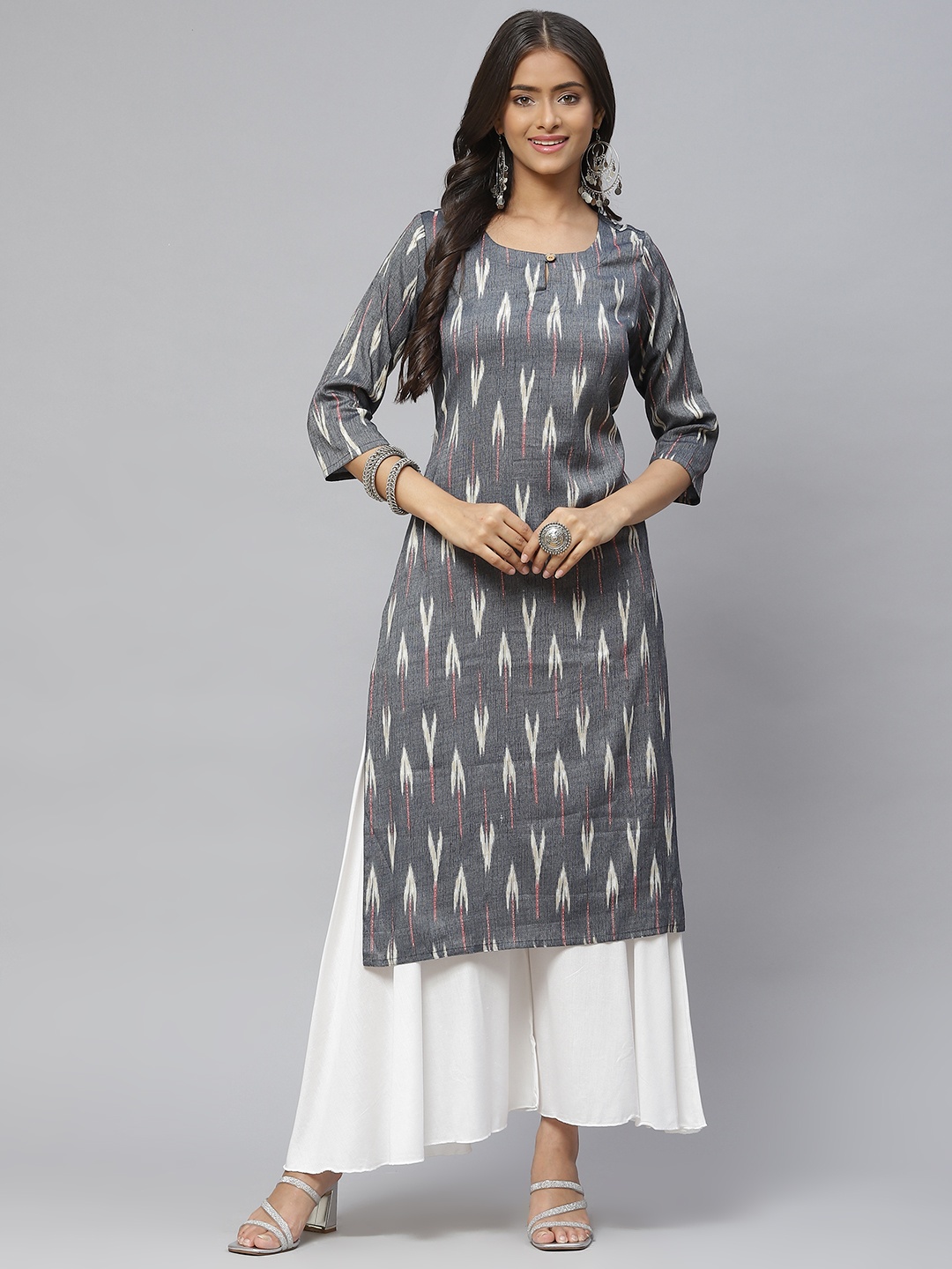 

Aarika Women Grey & Off White Woven Design Pure Cotton Kurta