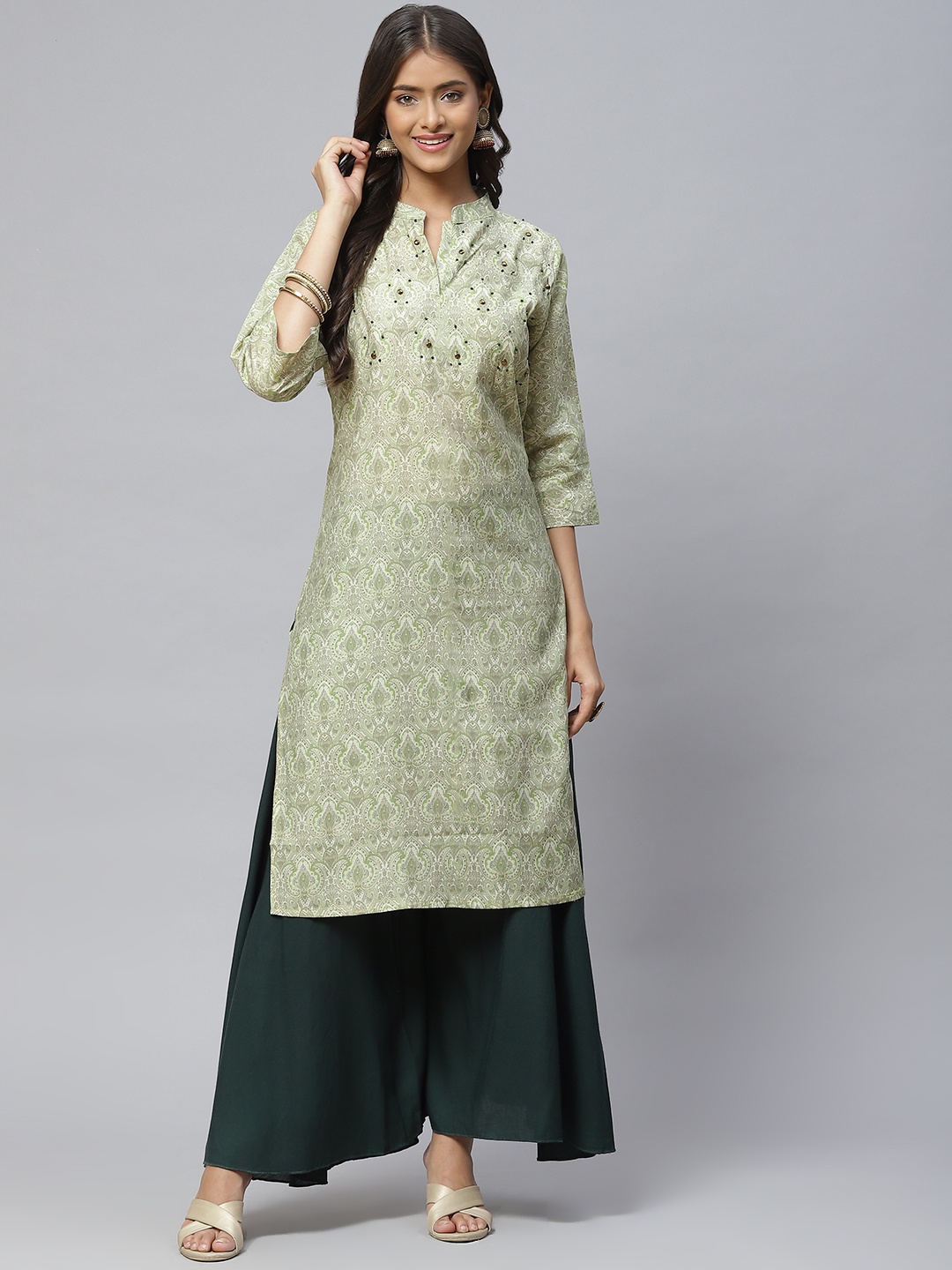 

Aarika Women Olive Green Ethnic Motifs Printed Beads Detail Pure Cotton Kurta