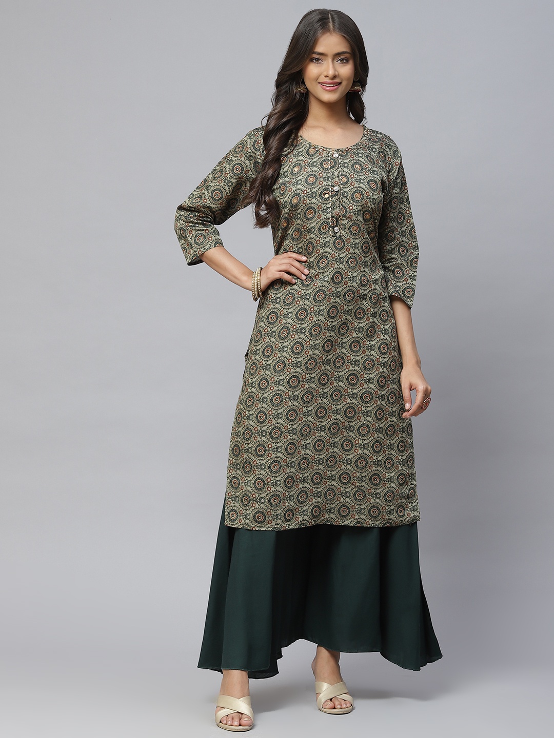 

Aarika Women Olive Green Ethnic Motifs Printed Pure Cotton Kurta