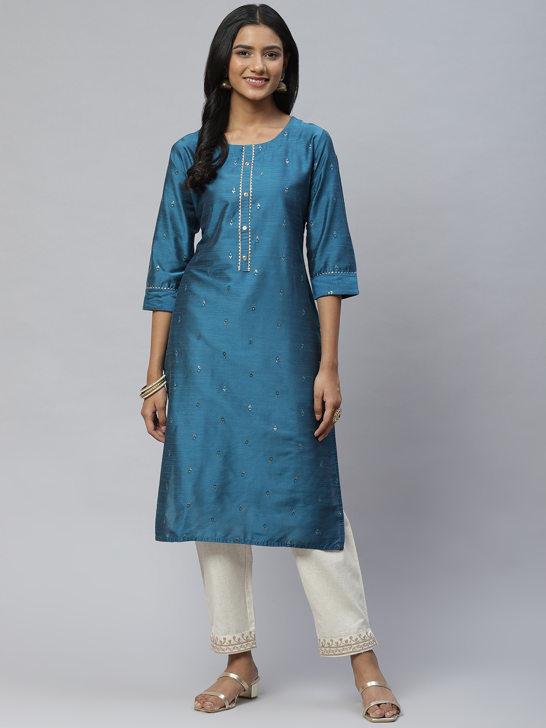 

Aarika Women Teal Ethnic Motifs Embroidered Pure Cotton Kurta