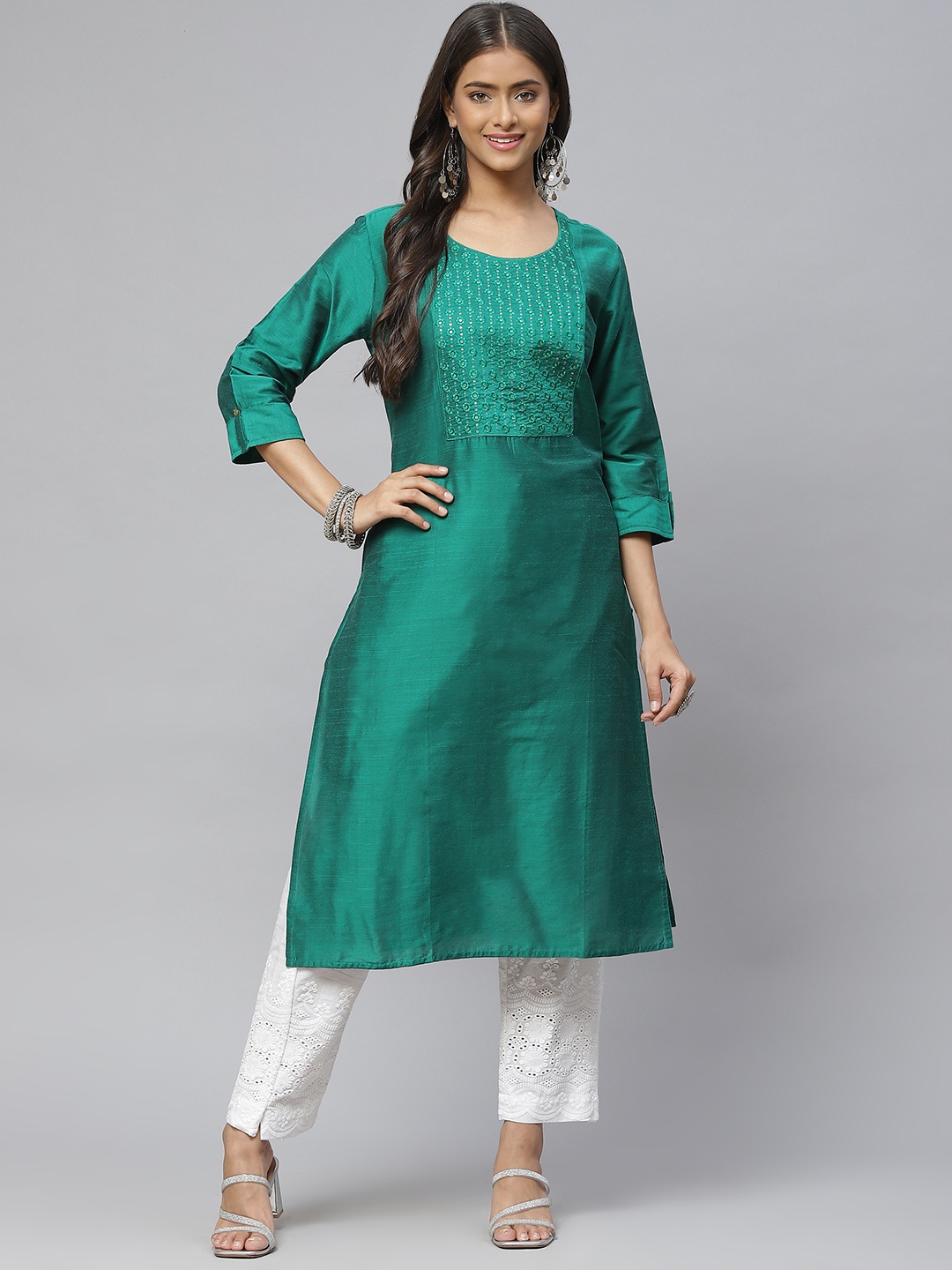 

Aarika Women Green Ethnic Motifs Yoke Design Pure Cotton Kurta