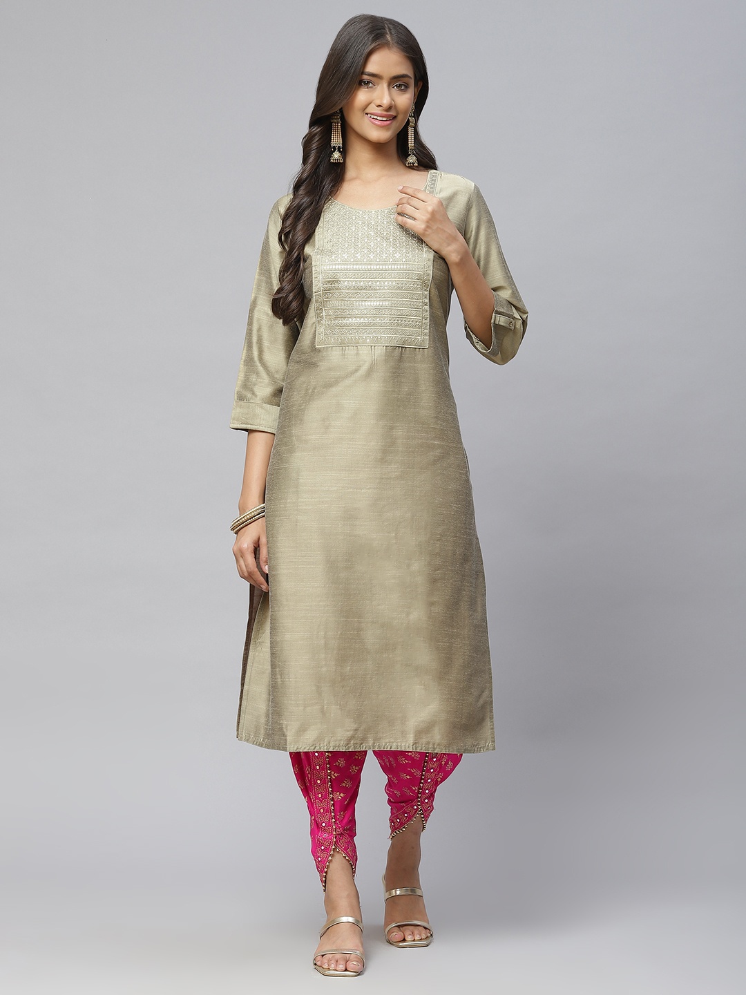 

Aarika Women Beige Ethnic Motifs Yoke Design Pure Cotton Kurta