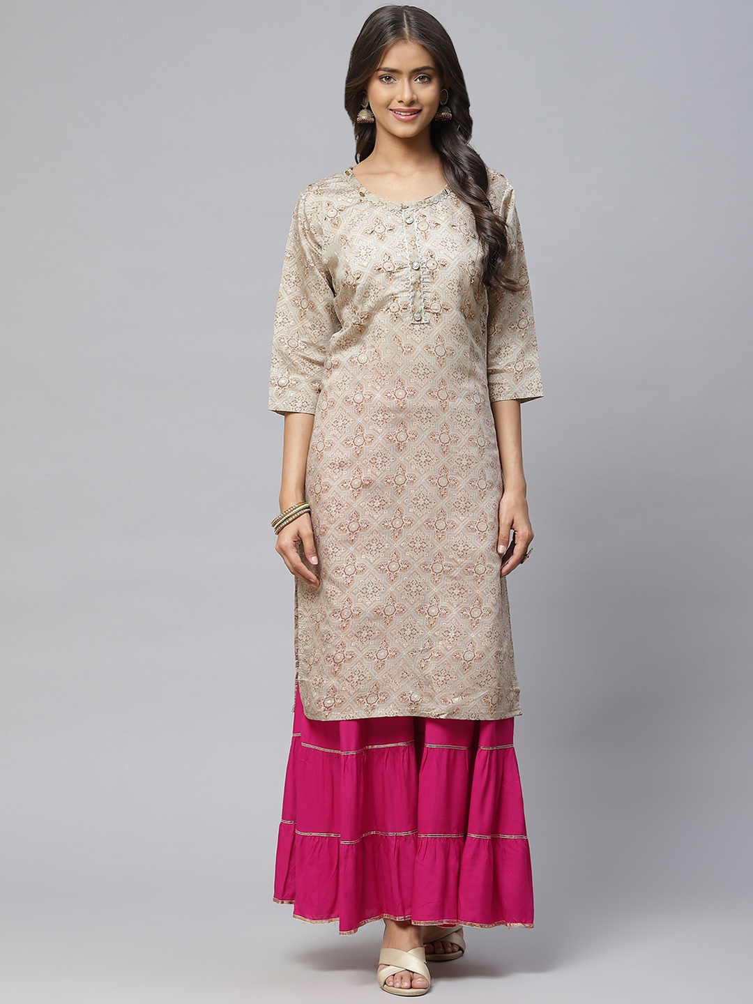 

Aarika Women Beige & Grey Ethnic Motifs Printed Pure Cotton Kurta