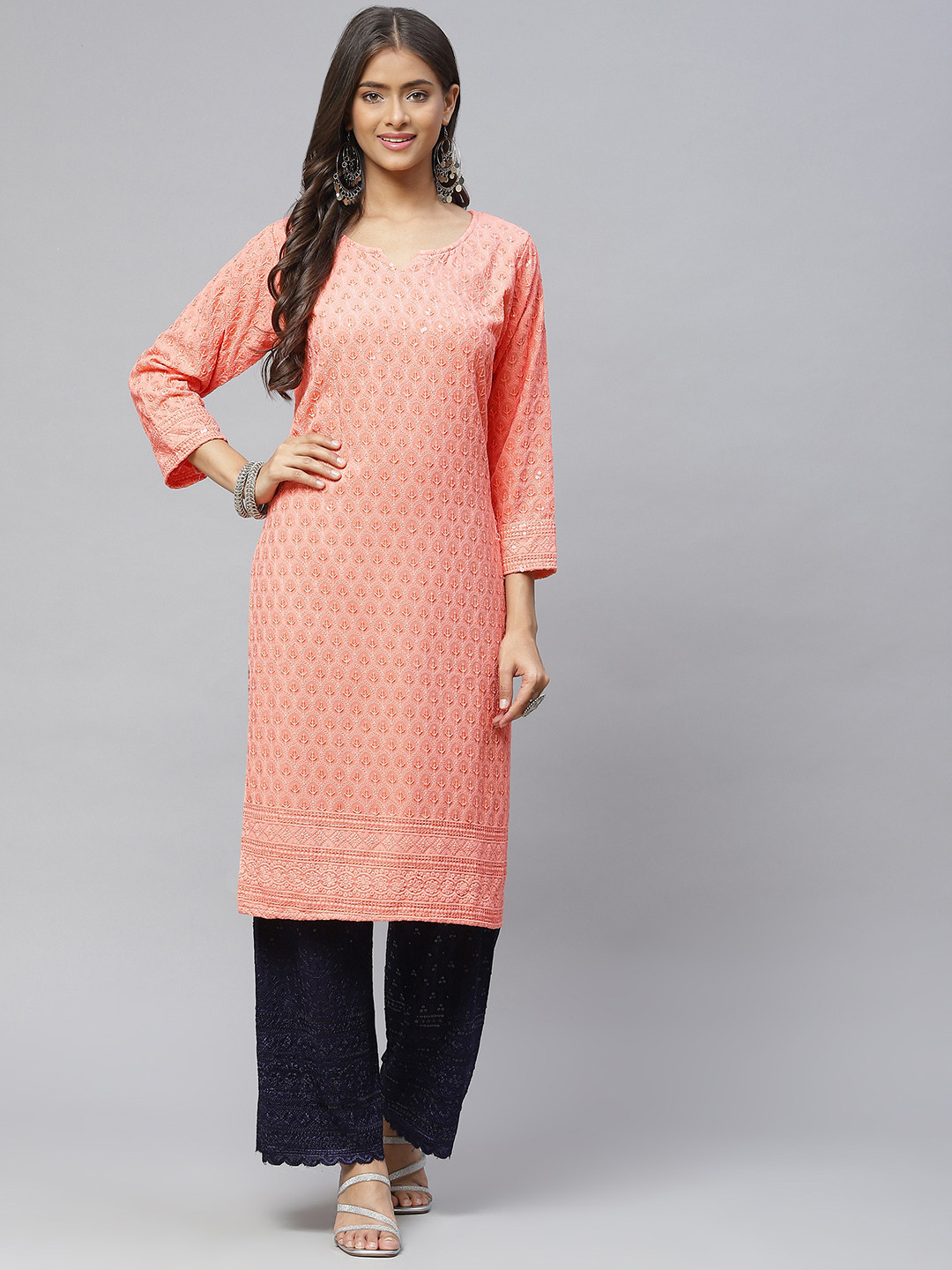 

Aarika Women Peach-Coloured Ethnic Motifs Embroidered Pure Cotton Kurta