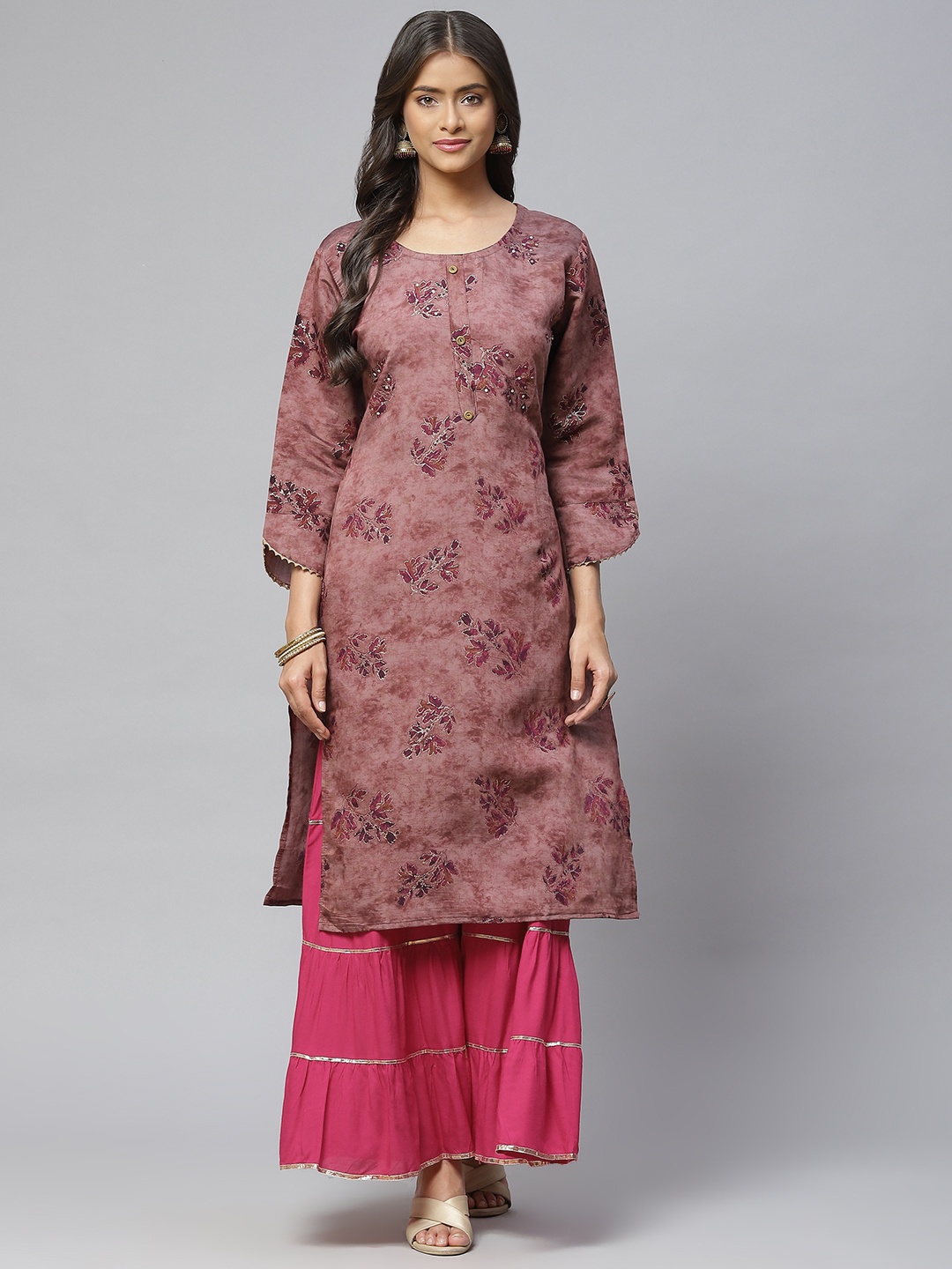 

Aarika Women Burgundy Floral Printed Sequin Detail Pure Cotton Kurta