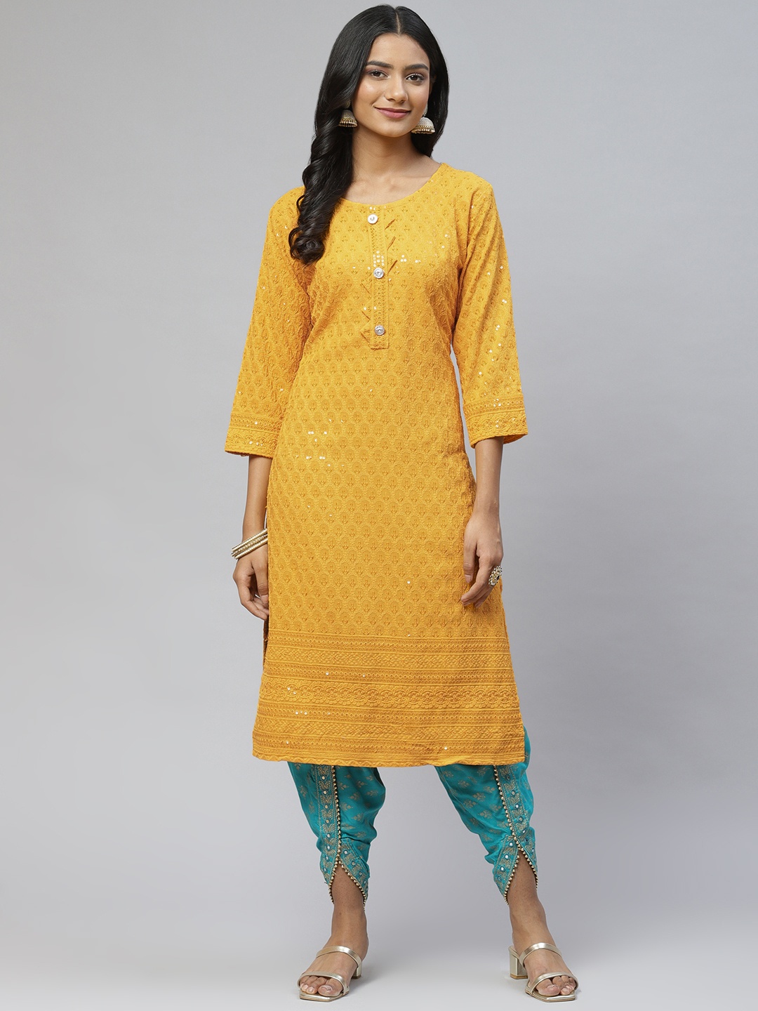 

Aarika Women Mustard Yellow Ethnic Motifs Embroidered Pure Cotton Kurta