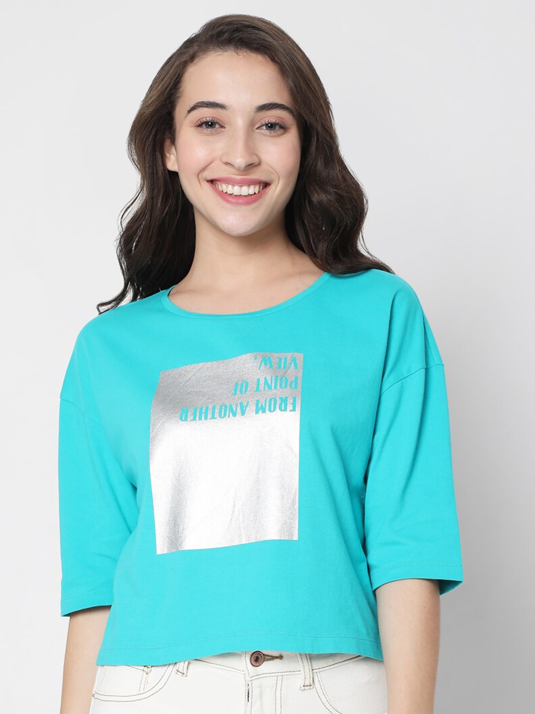 

Vero Moda Women Blue & Silver Typography Printed Cotton T-shirt