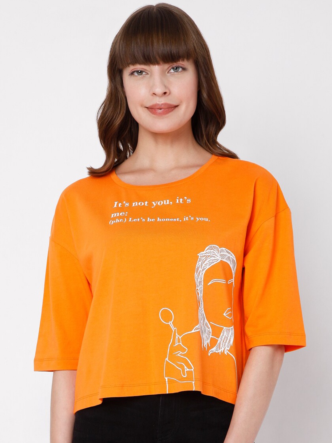

Vero Moda Women Orange Typography Printed Extended Sleeves Cotton T-shirt