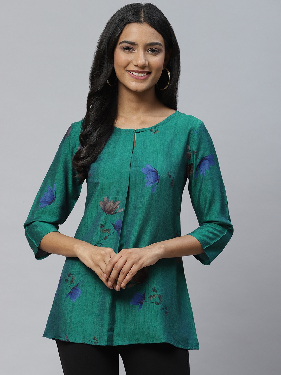 

Aarika Green Floral Print Longline Pure Cotton Top