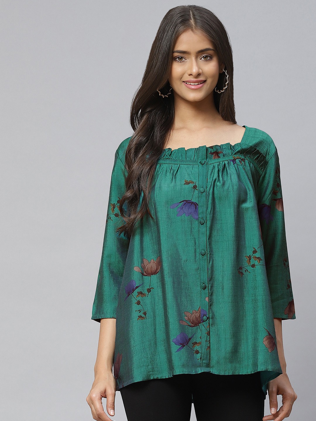 

Aarika Green Floral Print Square Neck Ruffles Longline Pure Cotton Top
