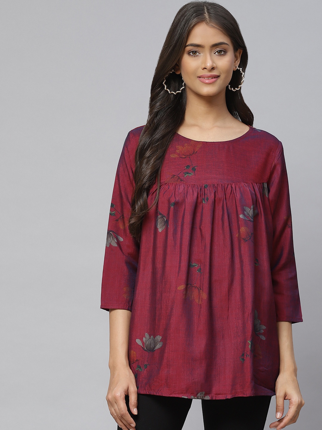 

Aarika Burgundy Floral Print Longline Pure Cotton Top