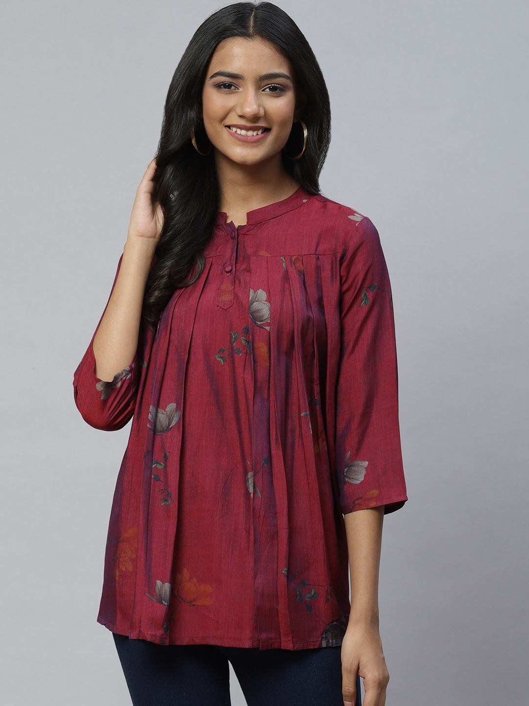 

Aarika Burgundy Floral Print Mandarin Collar Longline Pure Cotton Top