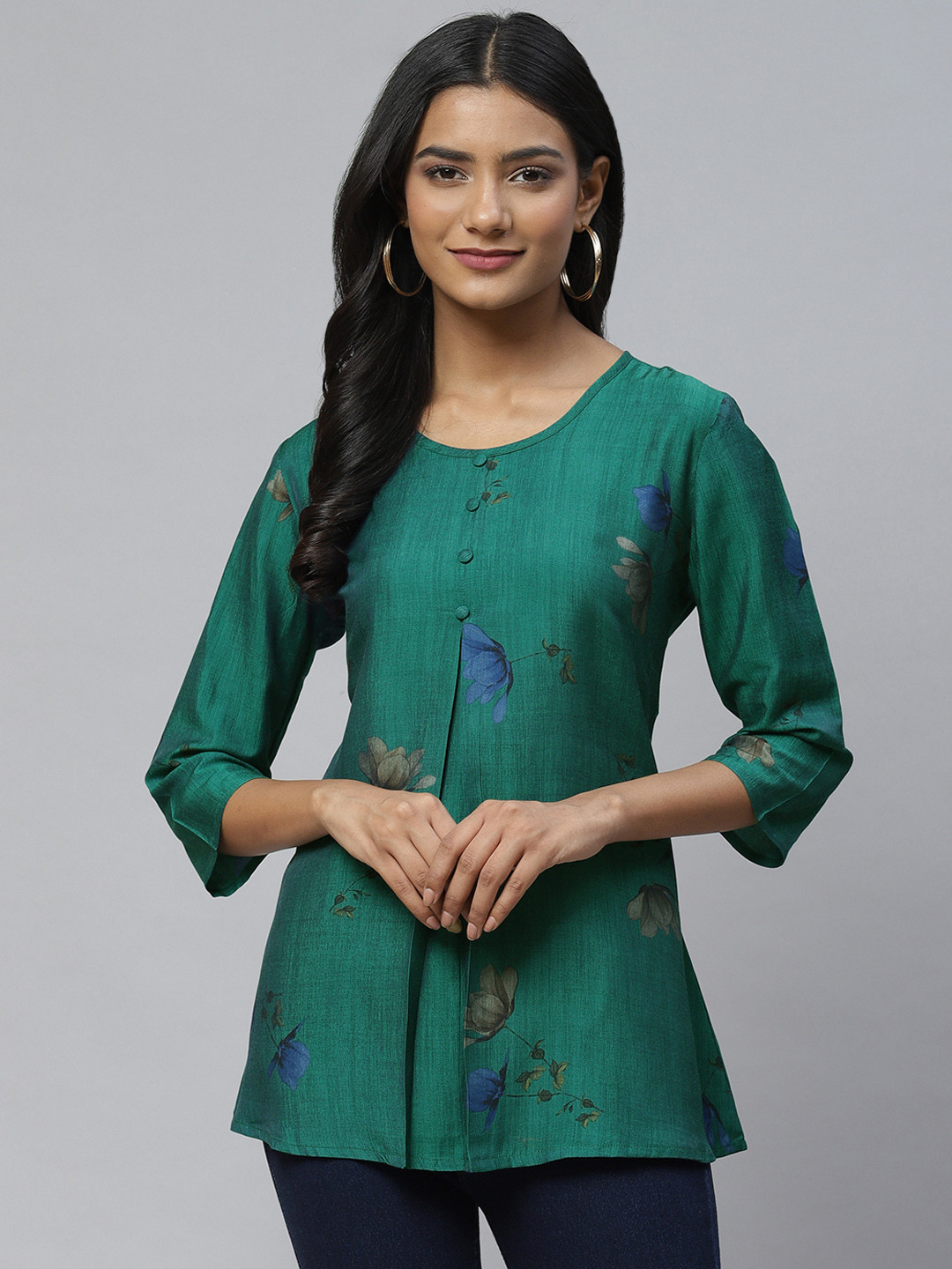 

Aarika Green & Blue Floral Print Longline Pure Cotton Top