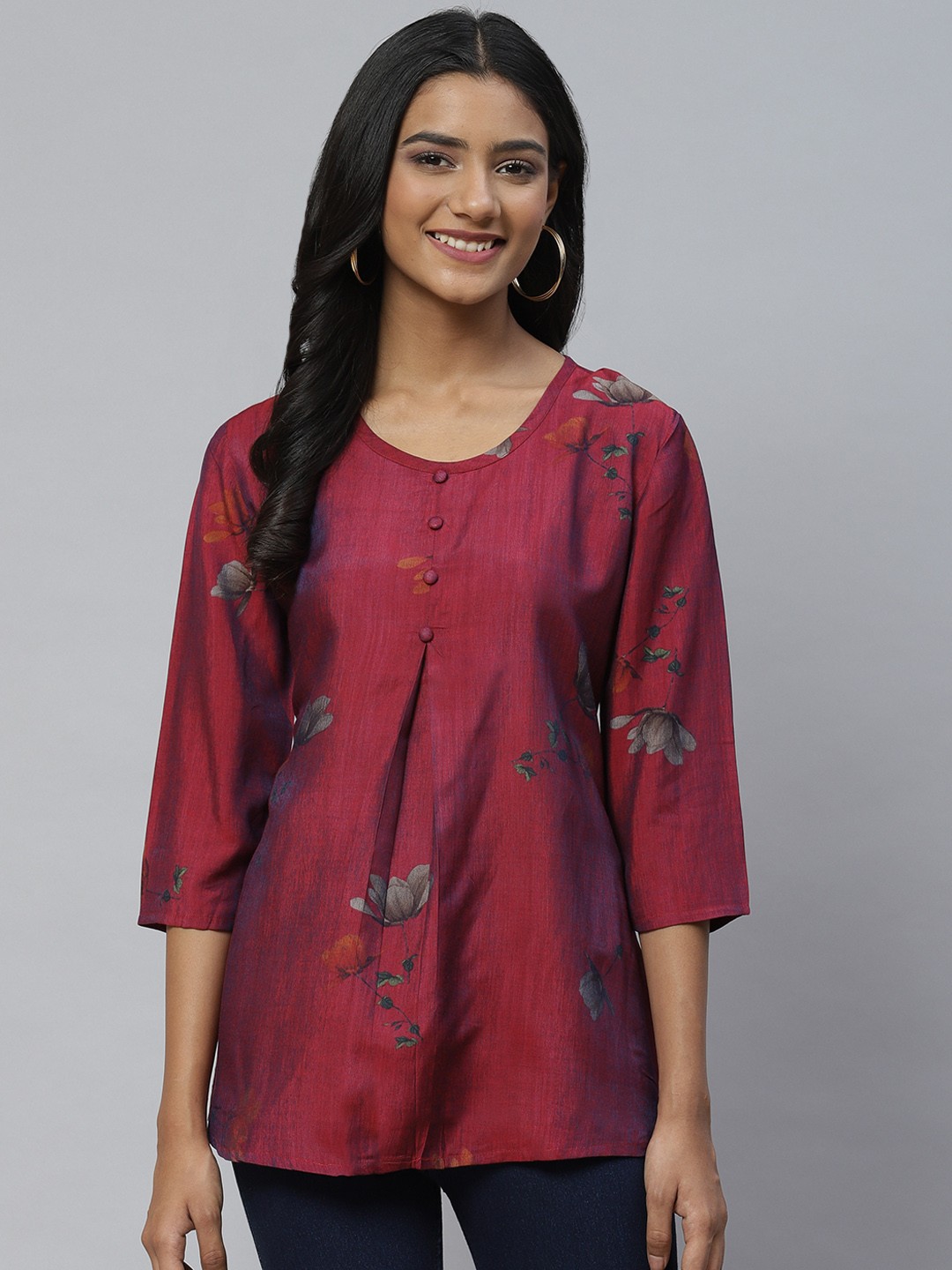 

Aarika Burgundy Floral Print Longline Pure Cotton Top