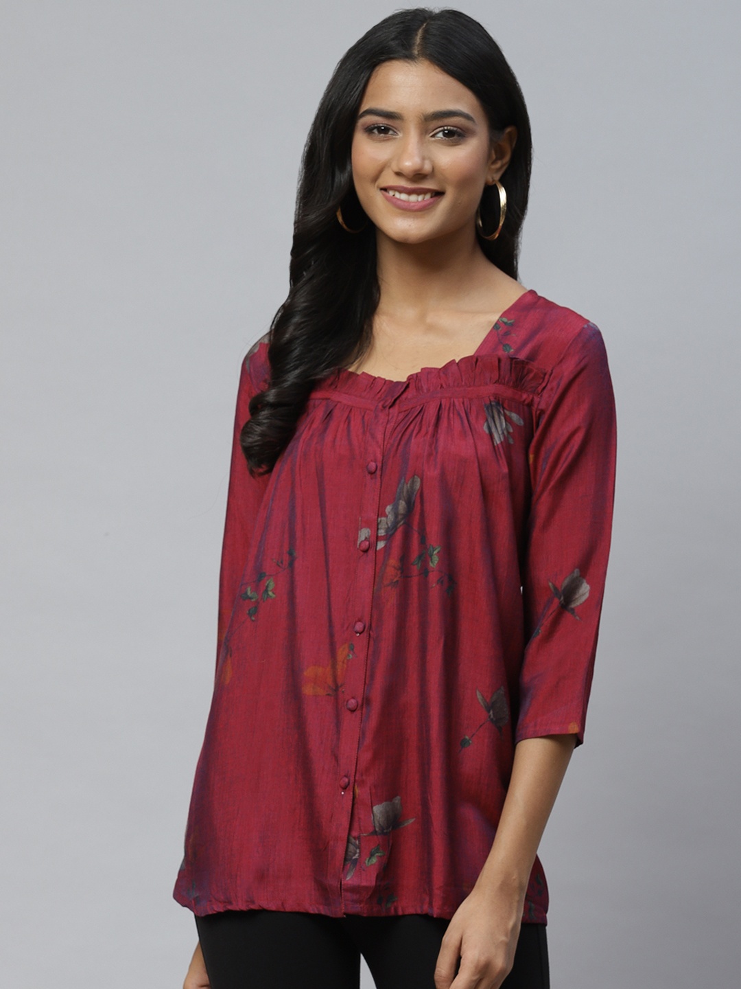 

Aarika Burgundy Floral Print Longline Pure Cotton Top