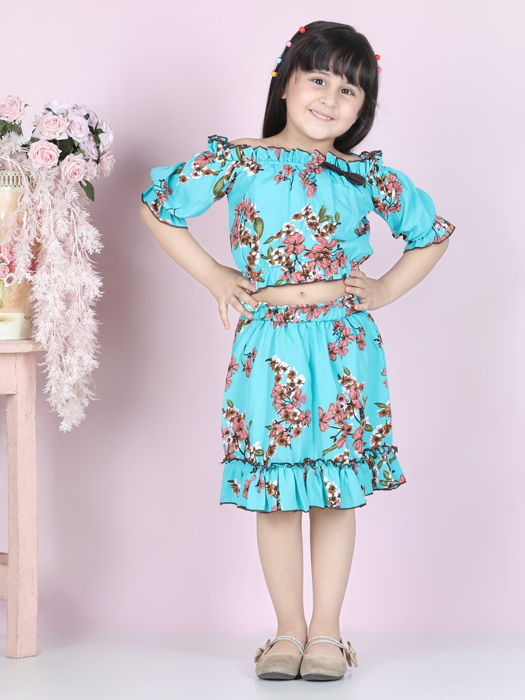 

Cutiekins Girls Blue & Brown Printed Top with Skirt