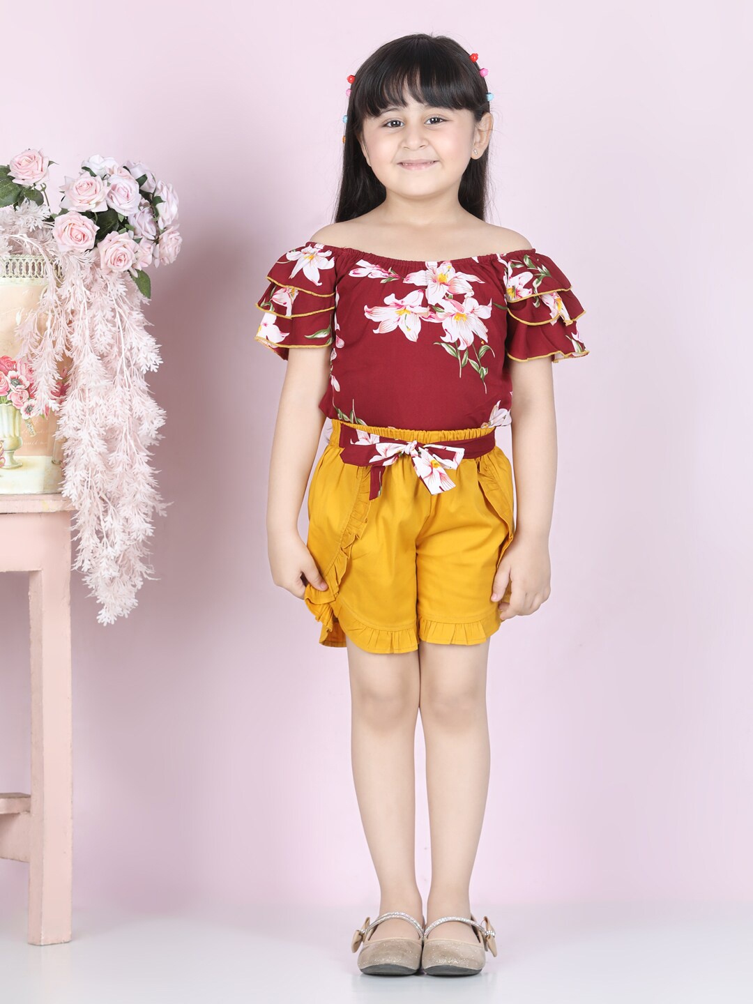 

Cutiekins Girls Brown & Mustard Printed Top with Shorts