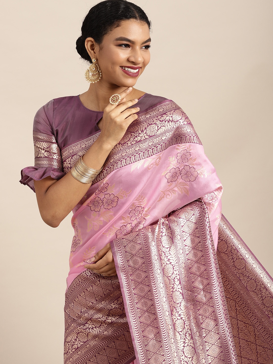 

Mitera Pink & Gold-Toned Ethnic Motifs Zari Banarasi Saree