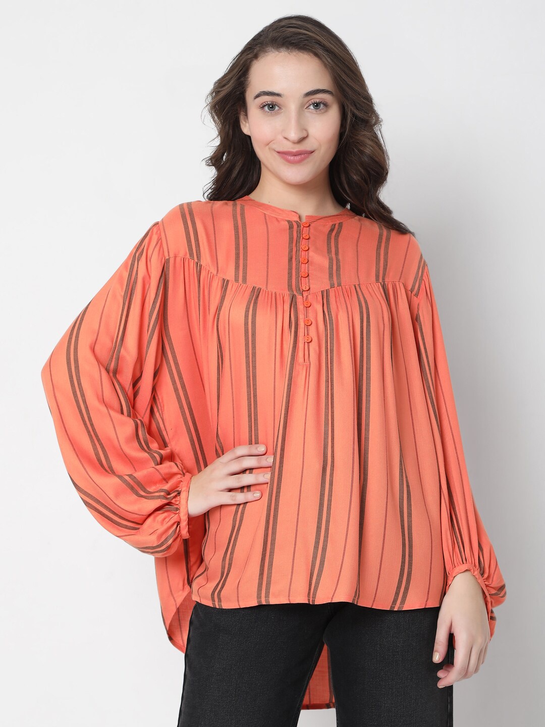 

Vero Moda Orange Striped Mandarin Collar Pure Cotton High-Low Top