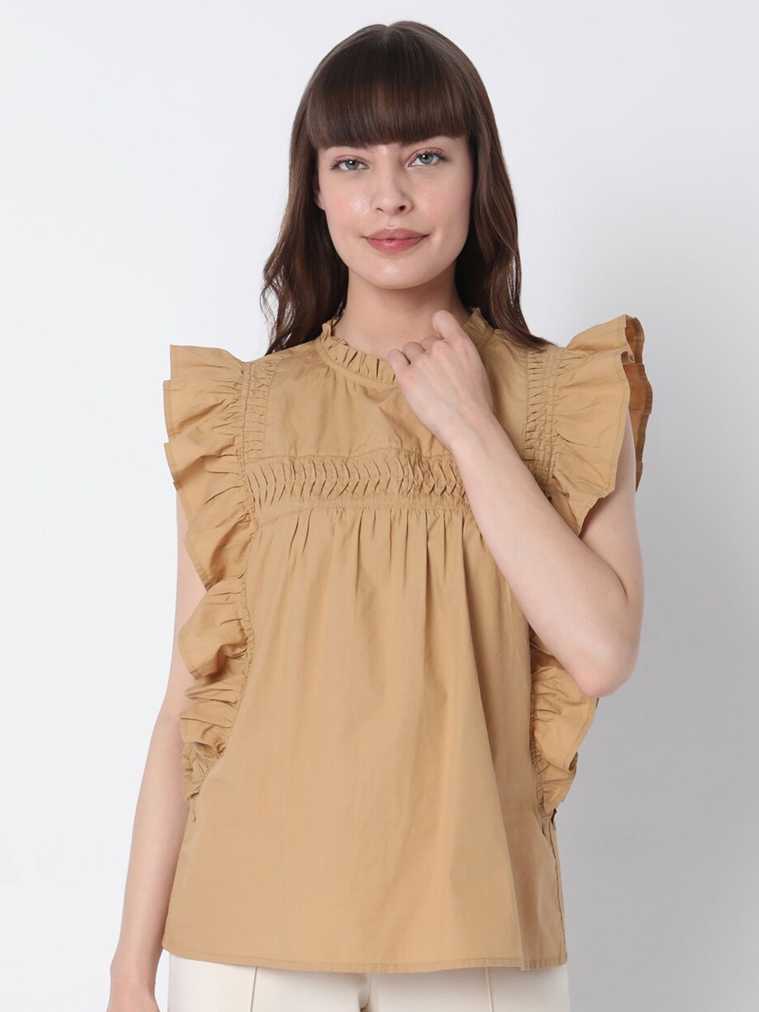 

Vero Moda Camel Brown Flutter Sleeves Pure Cotton Top