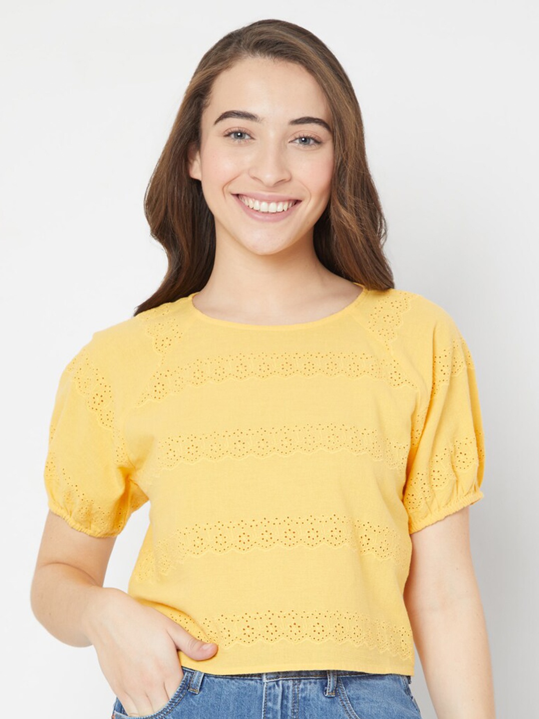 

Vero Moda Women Yellow Schiffli Crop Top