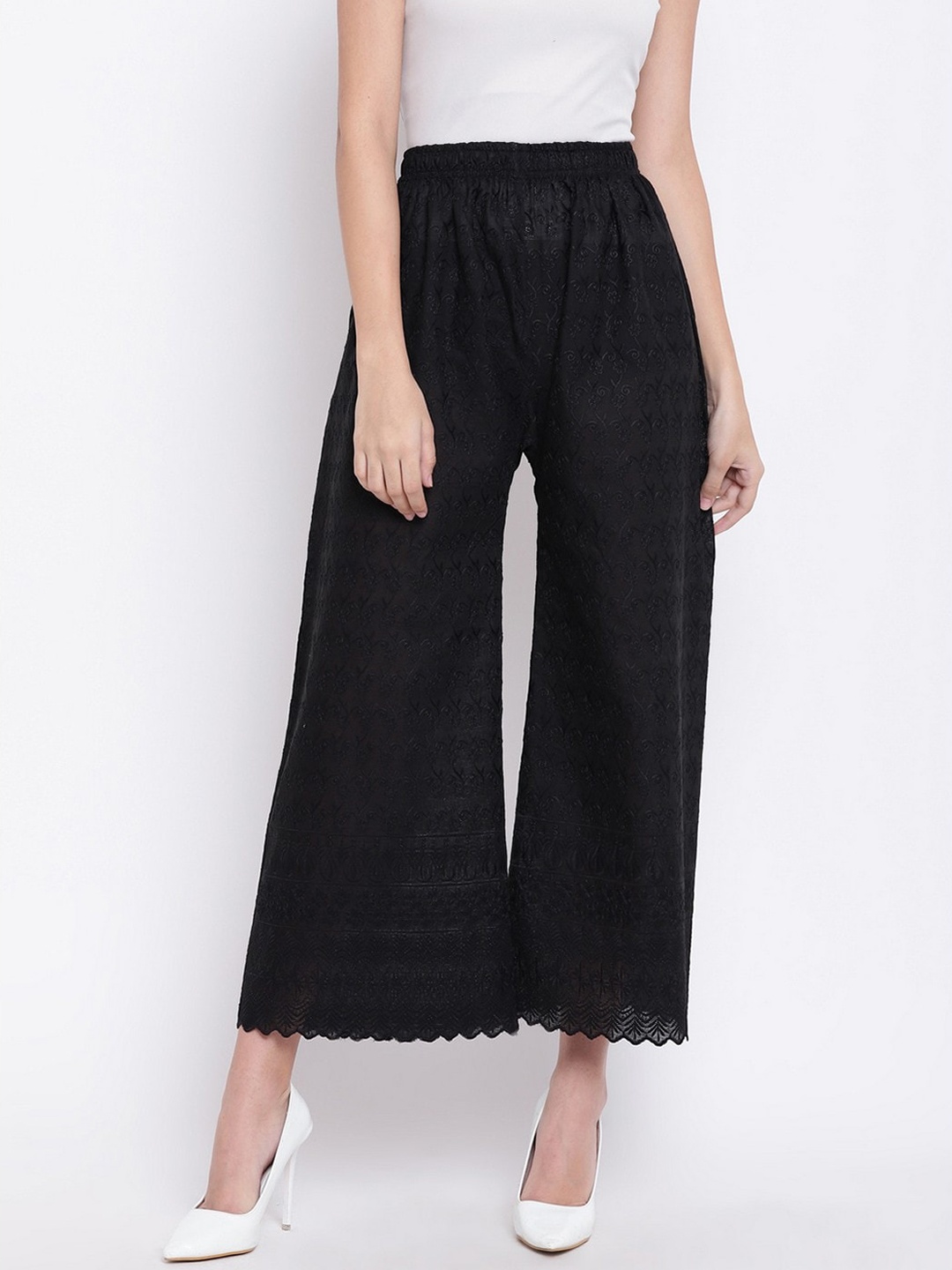 

RIVI Women Black Textured Pure Cotton Trousers