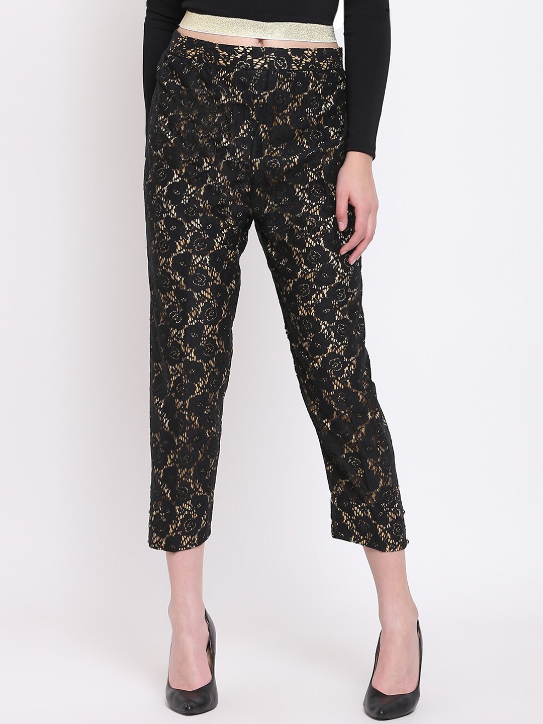 

RIVI Women Black Animal Printed Cotton Trousers