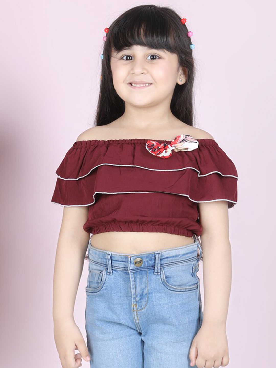 

Cutiekins Girls Maroon Off-Shoulder Crepe Bardot Crop Top