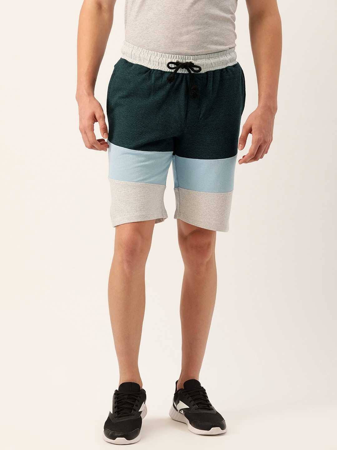 

ARISE Men Teal Green & Grey Melange Colourblocked Shorts