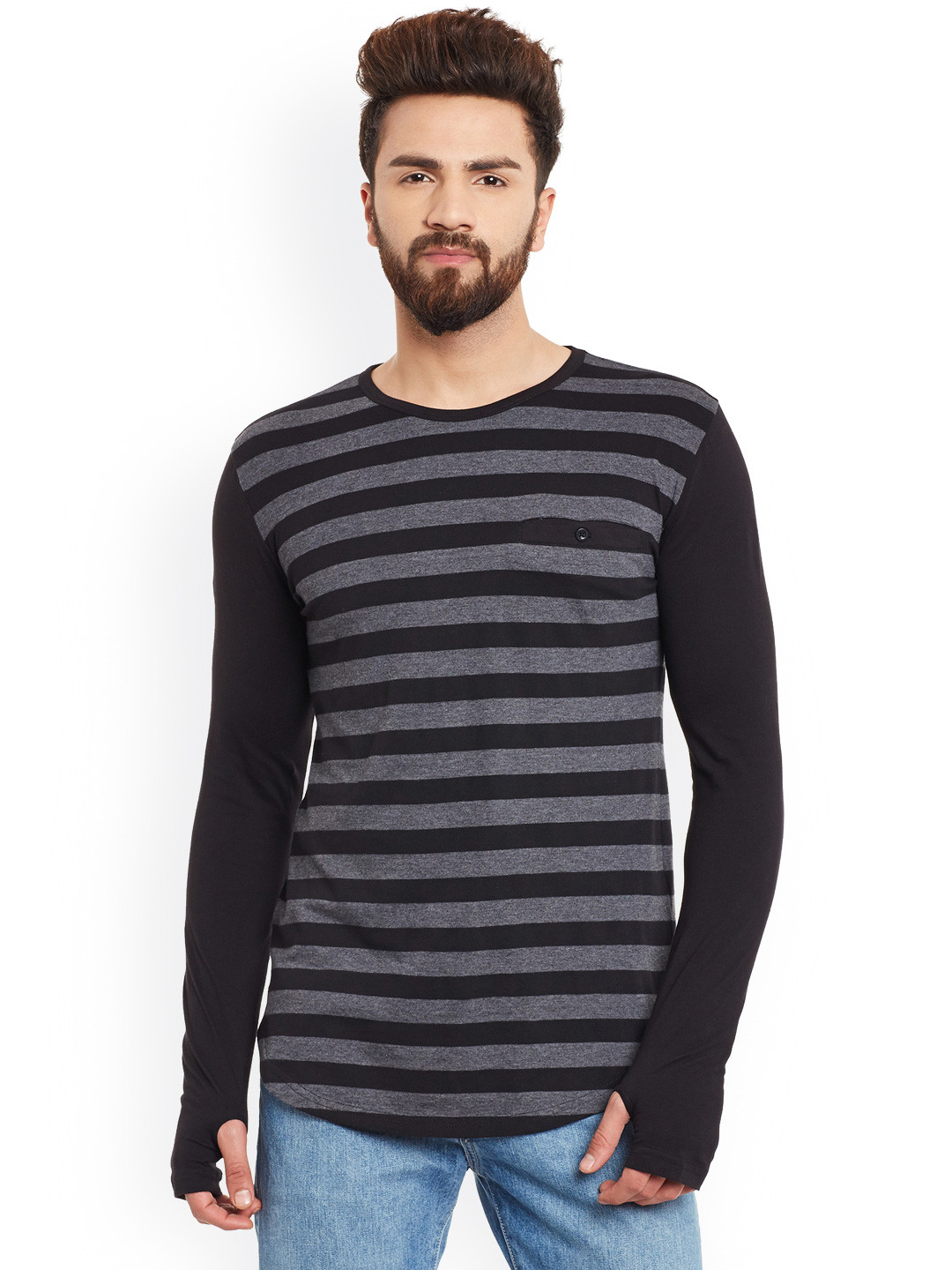 

Hypernation Men Grey & Black Striped Round Neck T-shirt