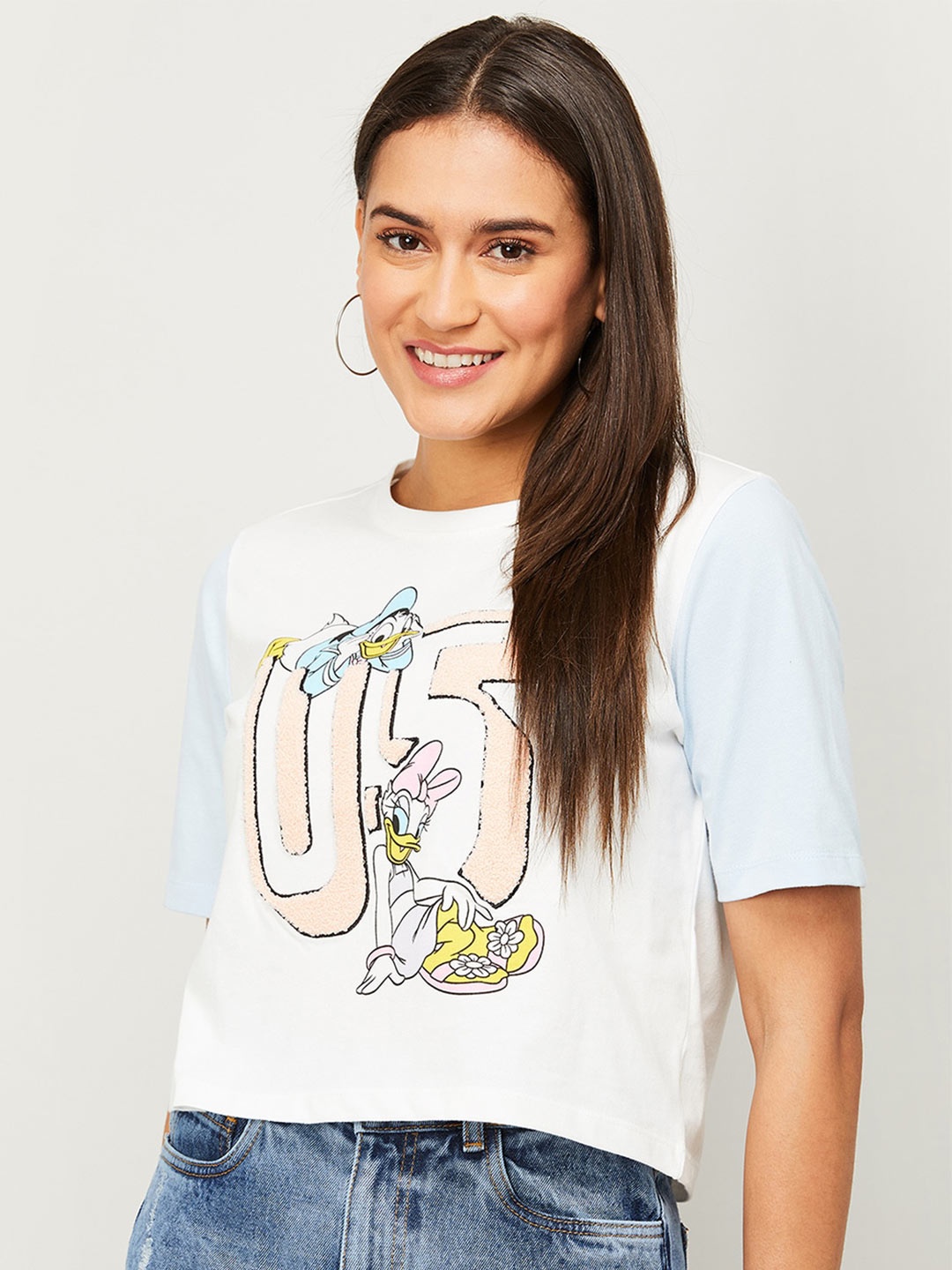 

Ginger by Lifestyle Women White Printed Pure Cotton Crop T-shirt