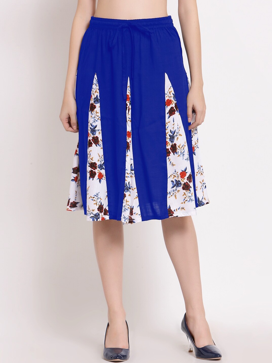 

PATRORNA Women Blue & White Printed Flared Skirt With Contrast Pleated Detailing