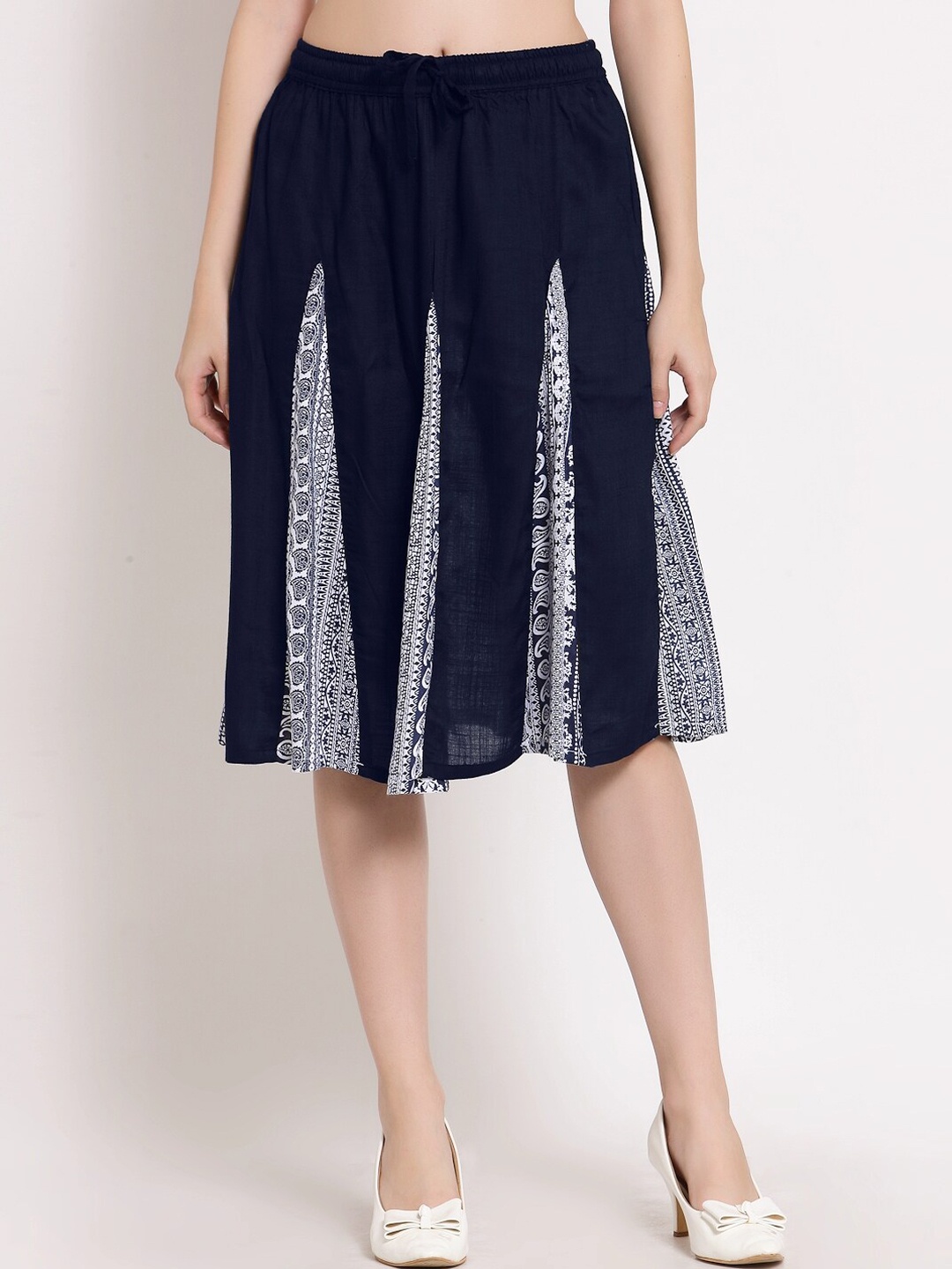 

PATRORNA Women Navy Blue & White Printed Flared Knee-Length Skirt