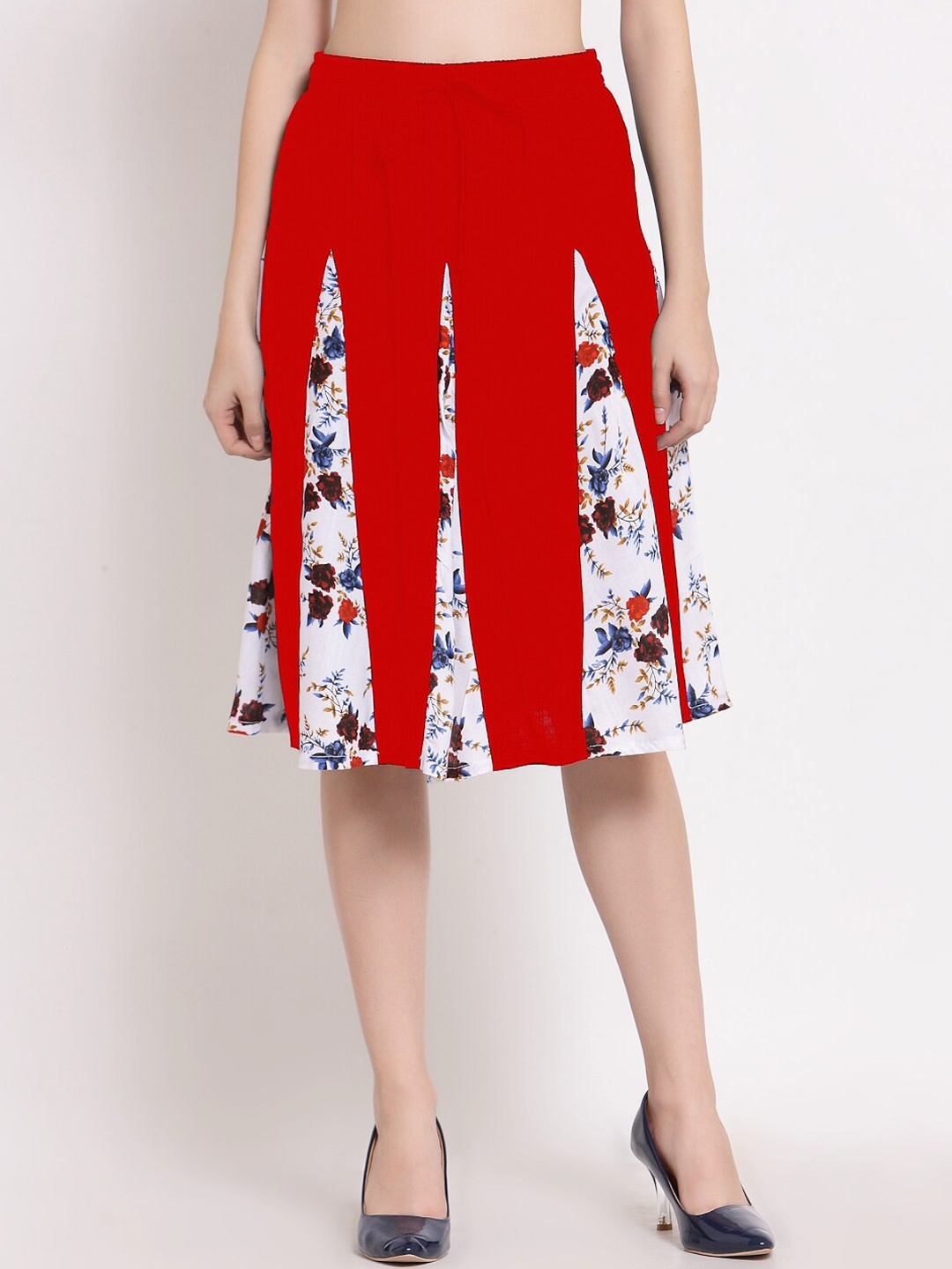 

PATRORNA Women Red & White Printed Flared Skirt With Contrast Pleated Detailing