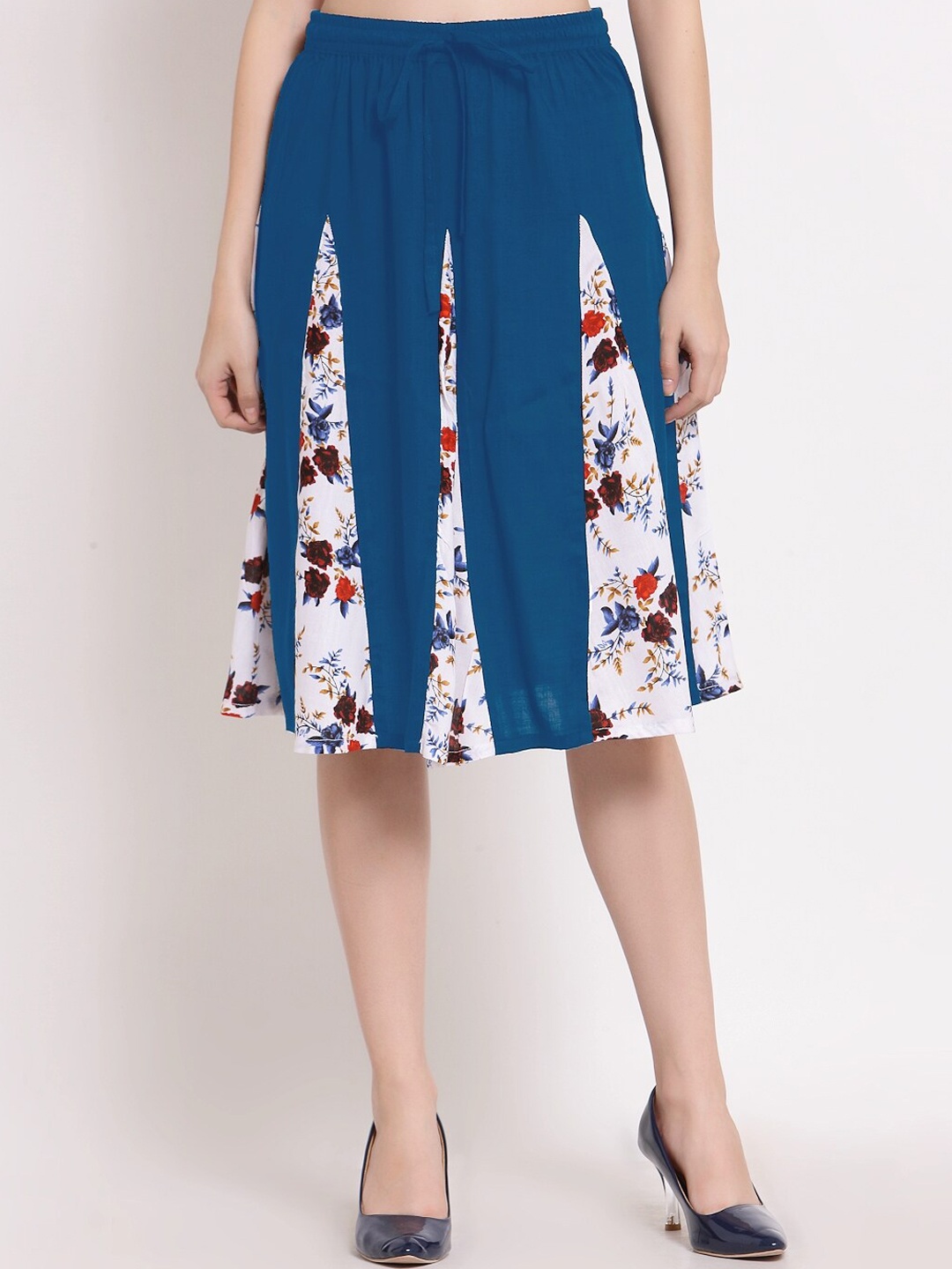 

PATRORNA Women Blue & White Printed Flared Skirt With Contrast Pleated Detailing