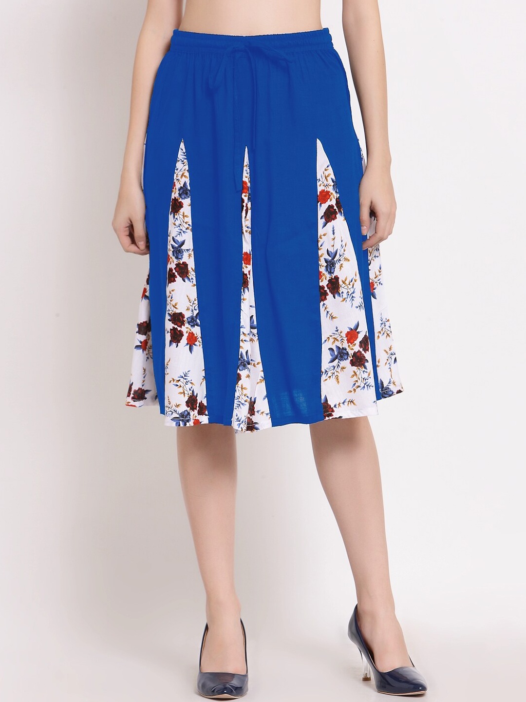 

PATRORNA Women Blue & White Printed Flared Skirt With Contrast Pleated Detailing