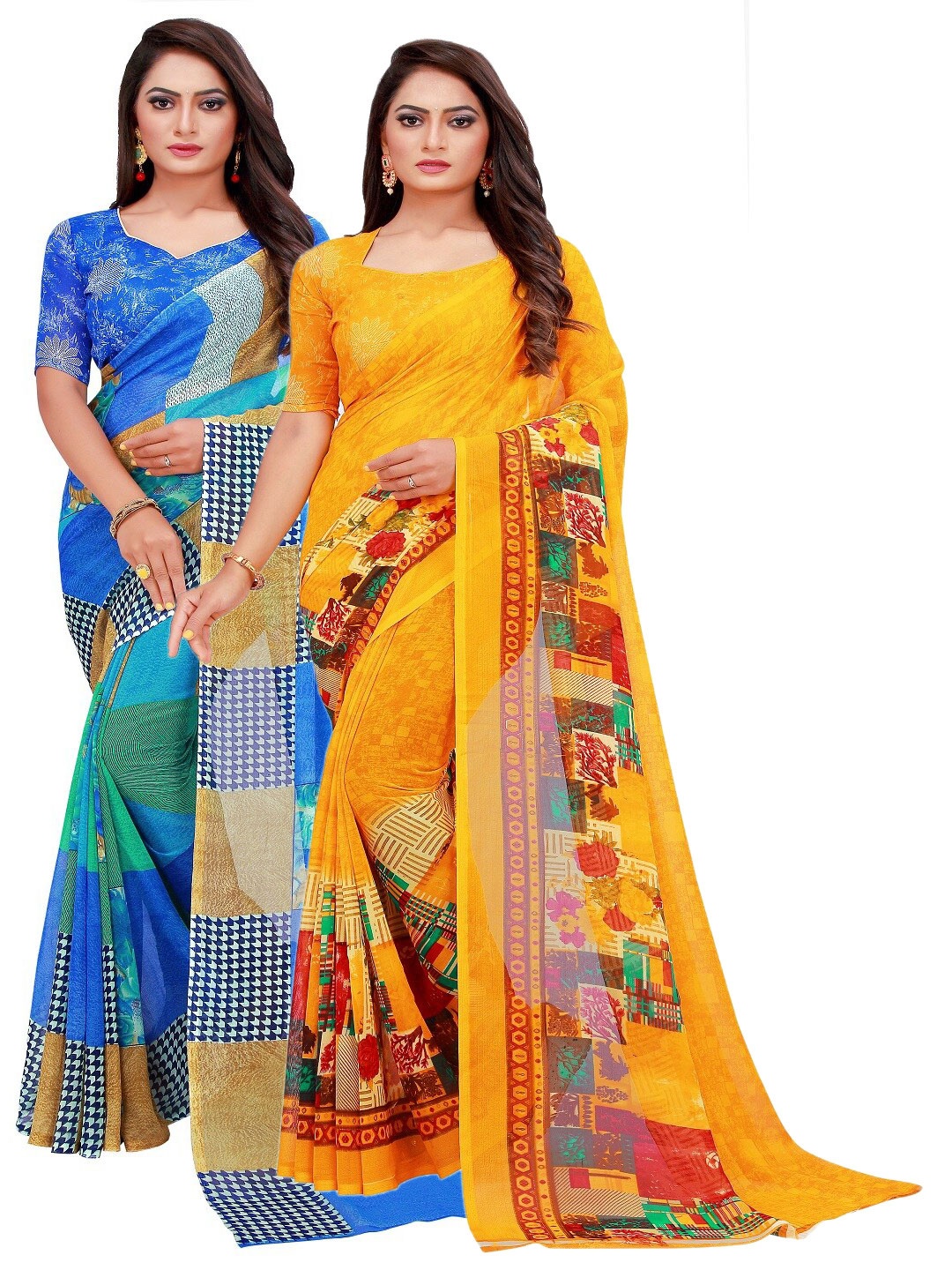 

Florence Pack Of 2 Blue & Yellow Pure Georgette Saree