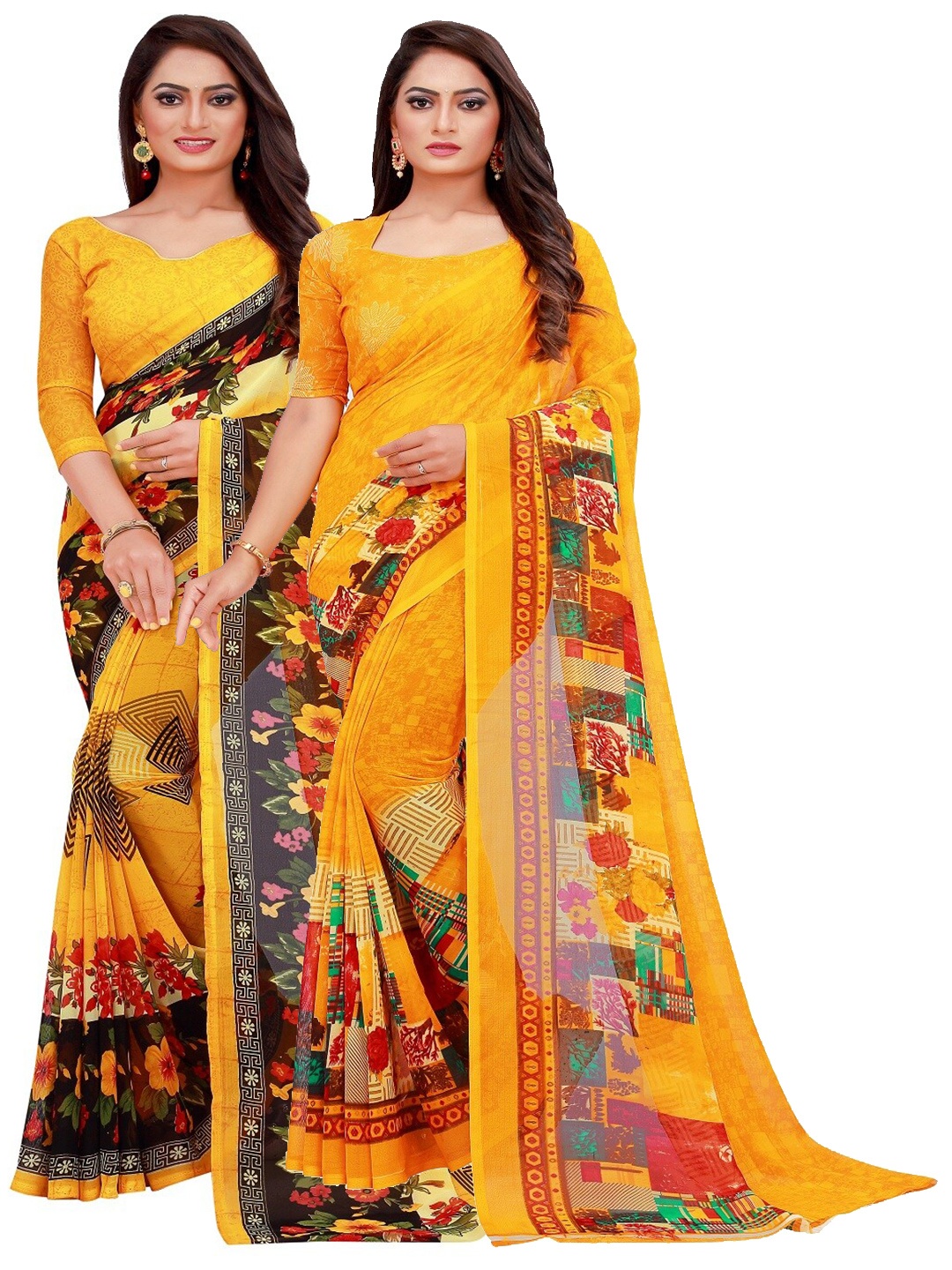 

Florence Pack Of 2 Yellow & Red Floral Pure Georgette Saree