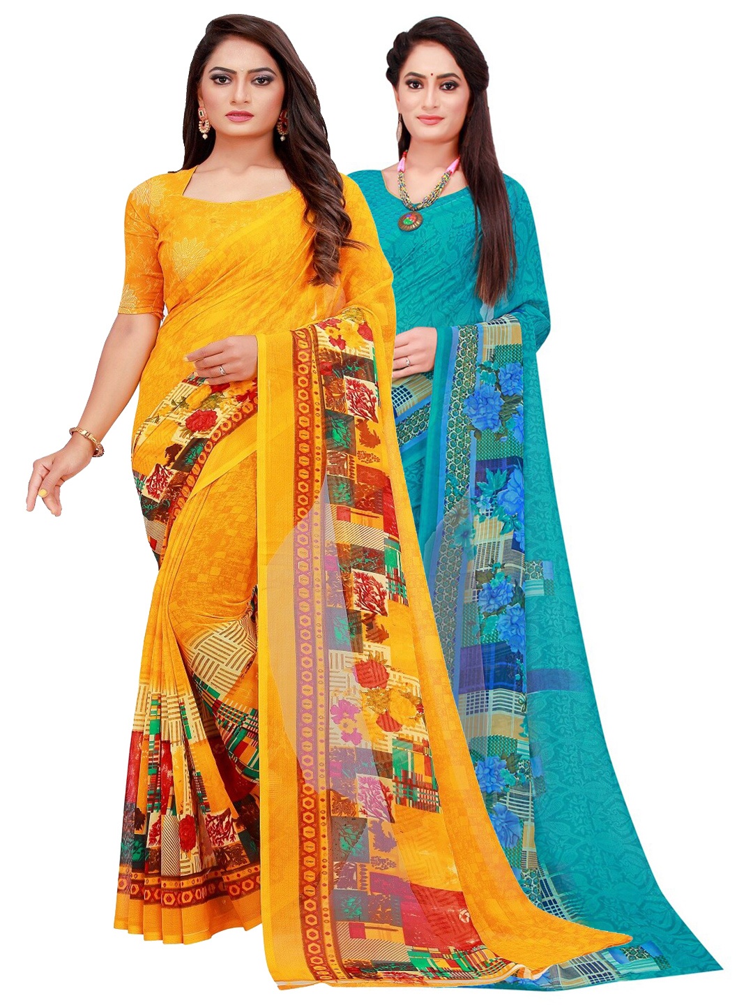 

Florence Turquoise Blue & Yellow Pure Georgette Saree