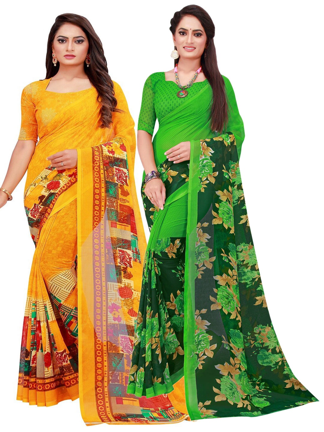 

Florence Pack of 2 Yellow & Green Floral Pure Georgette Saree