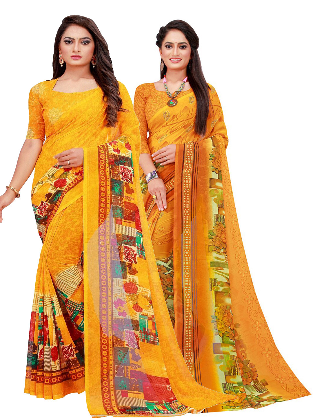 

Florence Yellow & Green Set of 2 Pure Georgette Saree