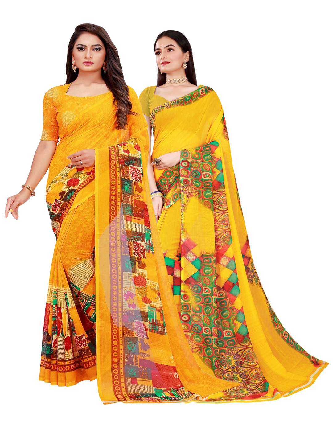 

Florence Pack of 2 Yellow & Red Floral Pure Georgette Saree