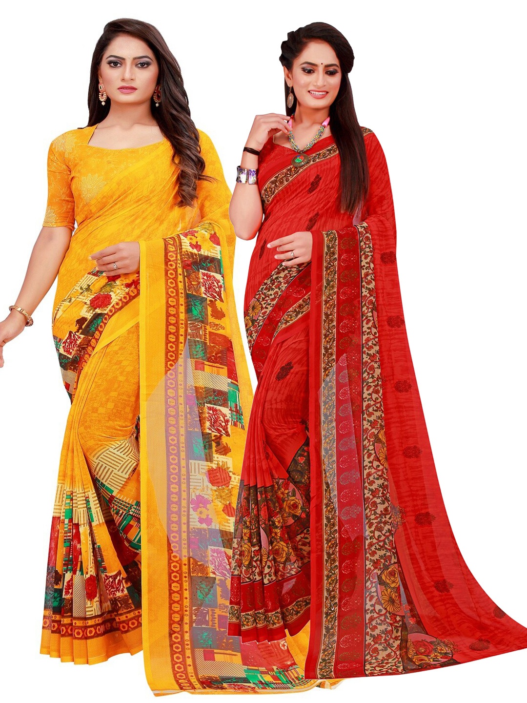 

Florence Pack Of 2 Yellow & Red Pure Georgette Saree