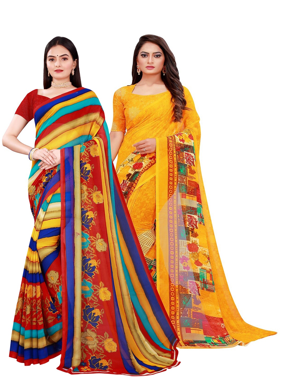 

Florence Multicoloured & Yellow Pack of 2 Pure Georgette Saree, Multi