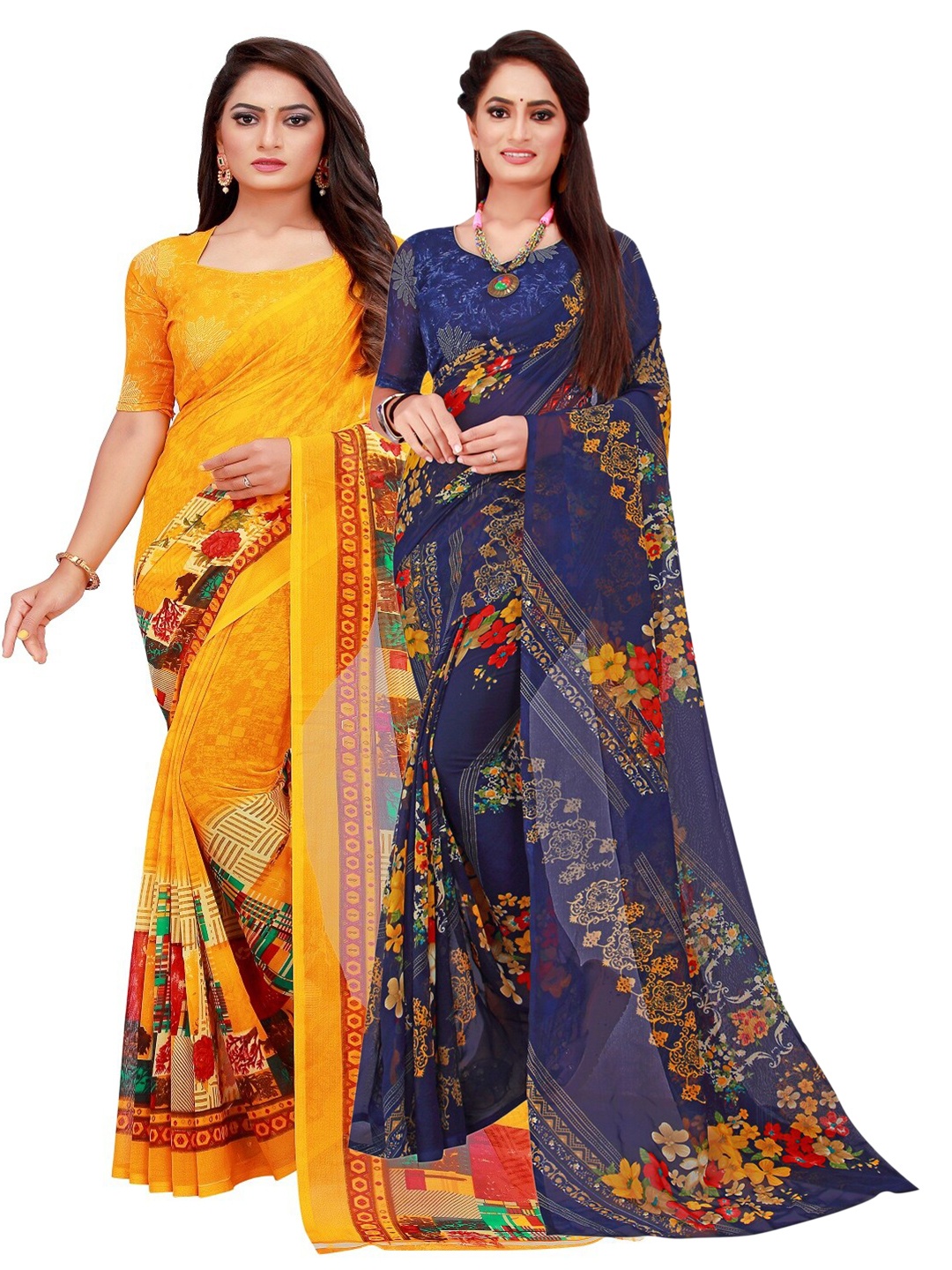 

Florence Pack of 2 Yellow & Navy Blue Printed Pure Georgette Saree