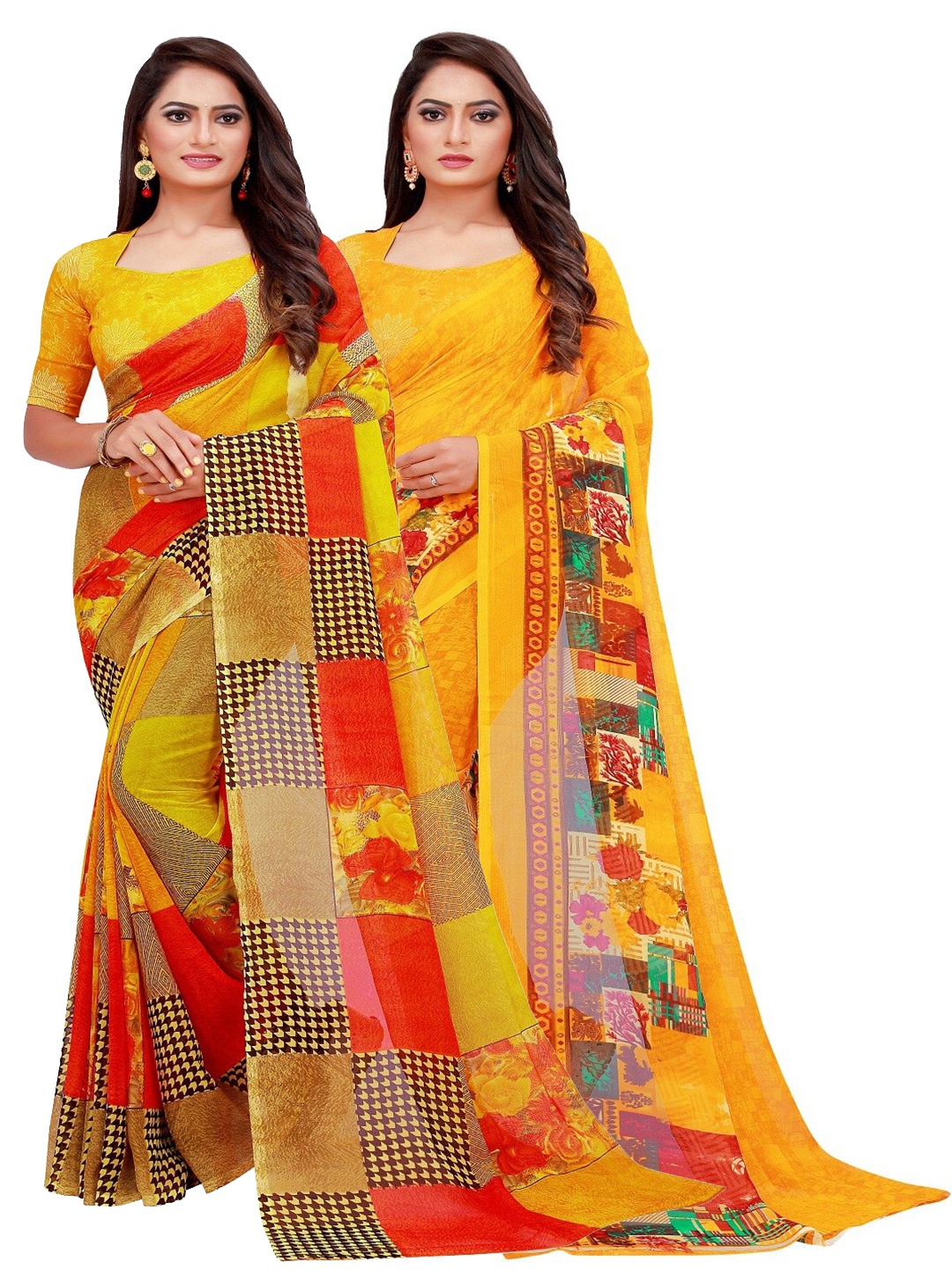 

Florence Pack of 2 Yellow & Red Floral Pure Georgette Saree