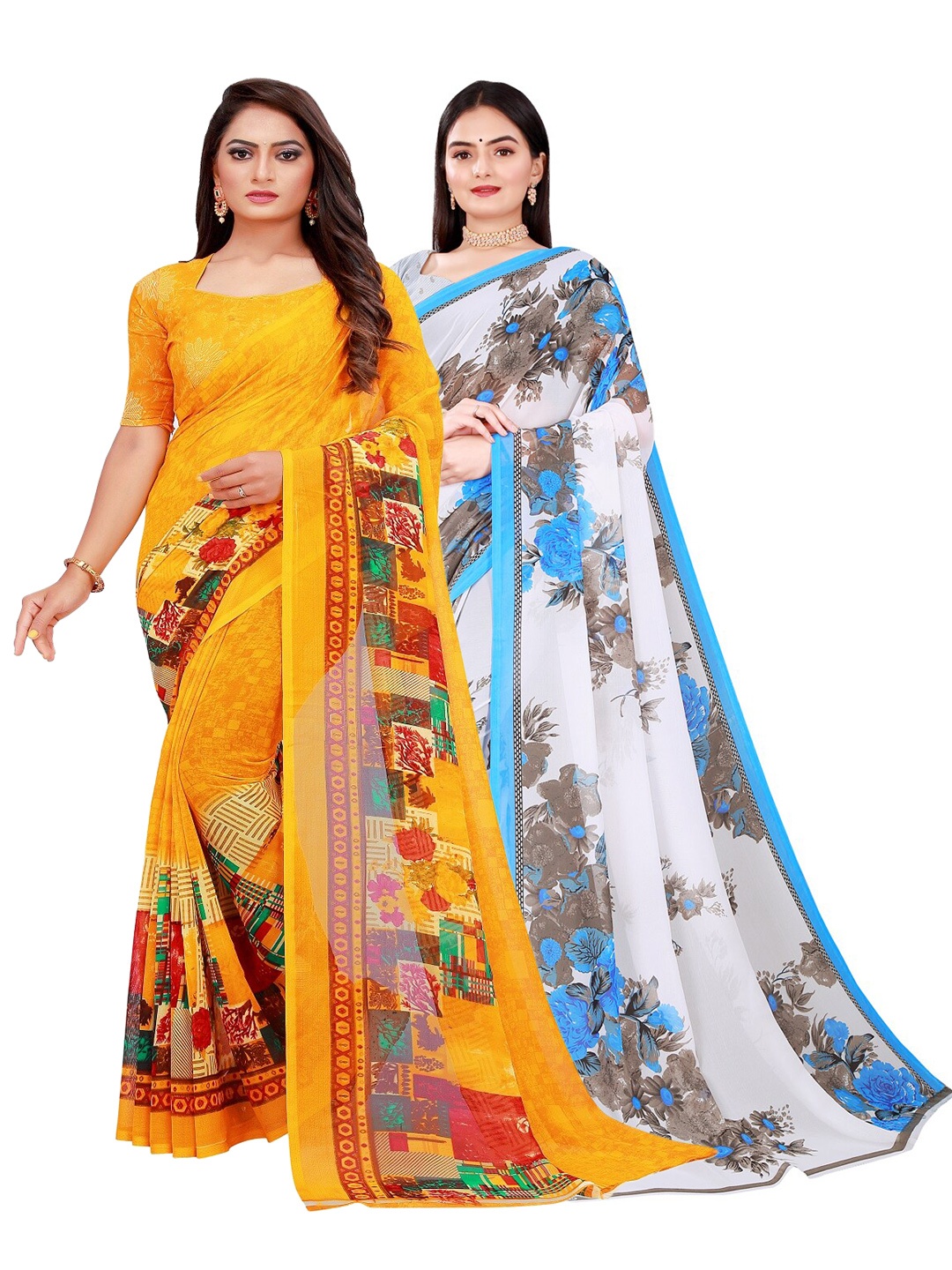 

Florence Yellow & White Set of 2 Pure Georgette Saree