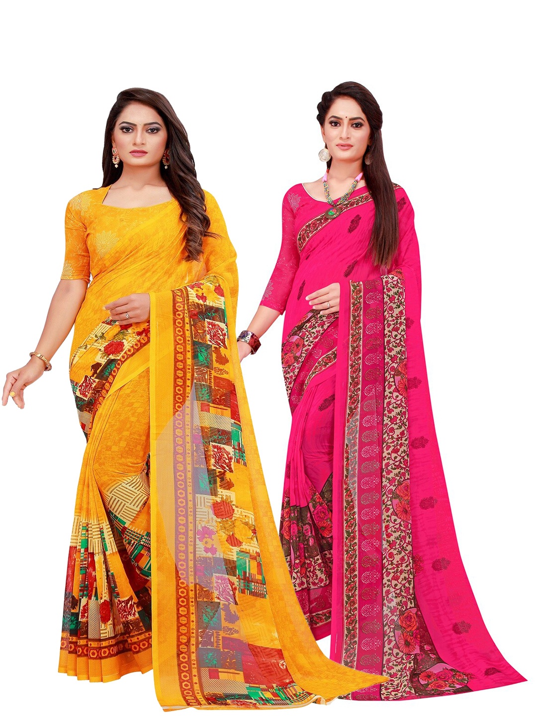 

Florence Pack Of 2 Yellow & Red Floral Pure Georgette Saree