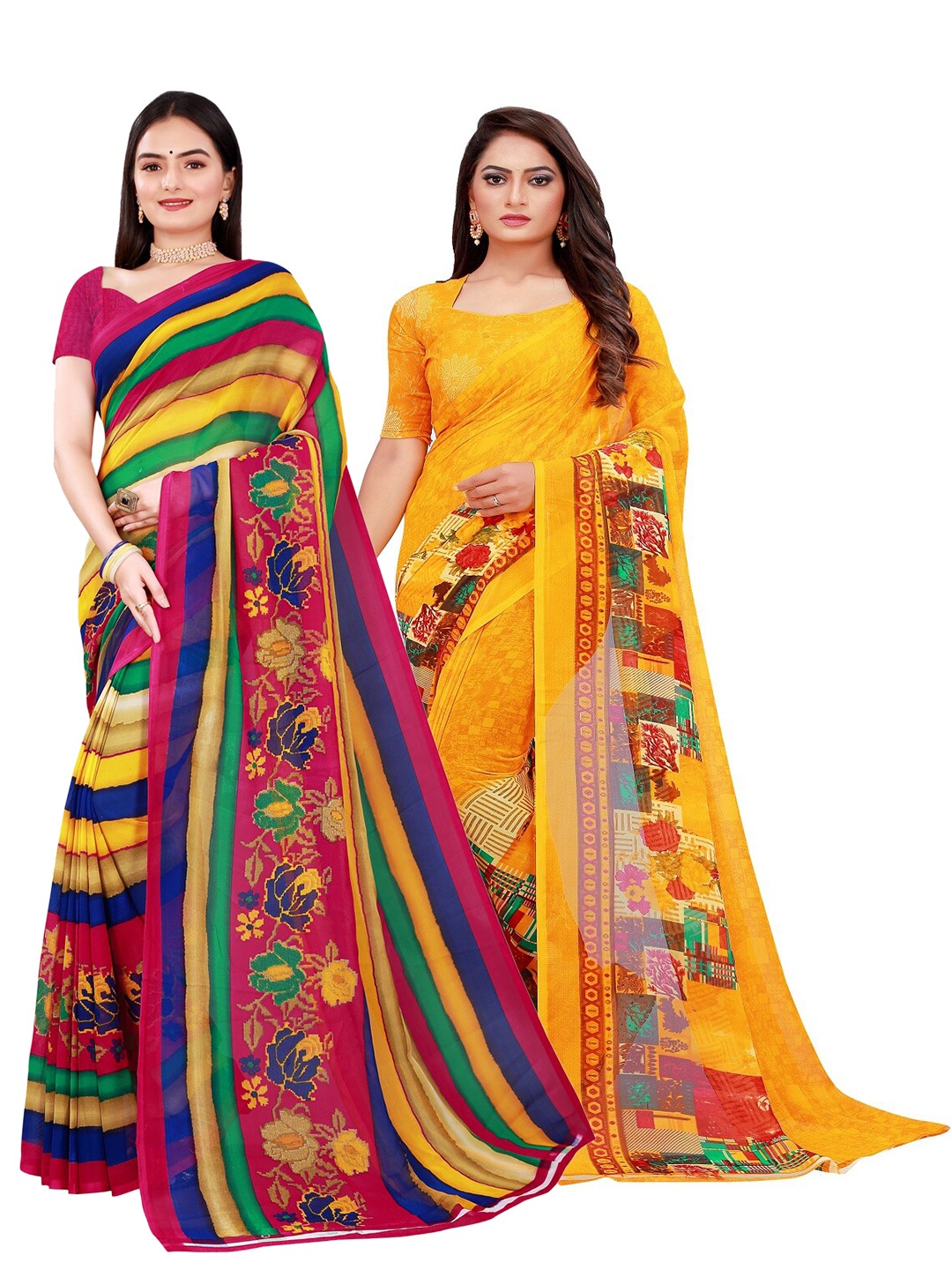 

Florence Yellow & Pink Floral Pure Georgette Saree