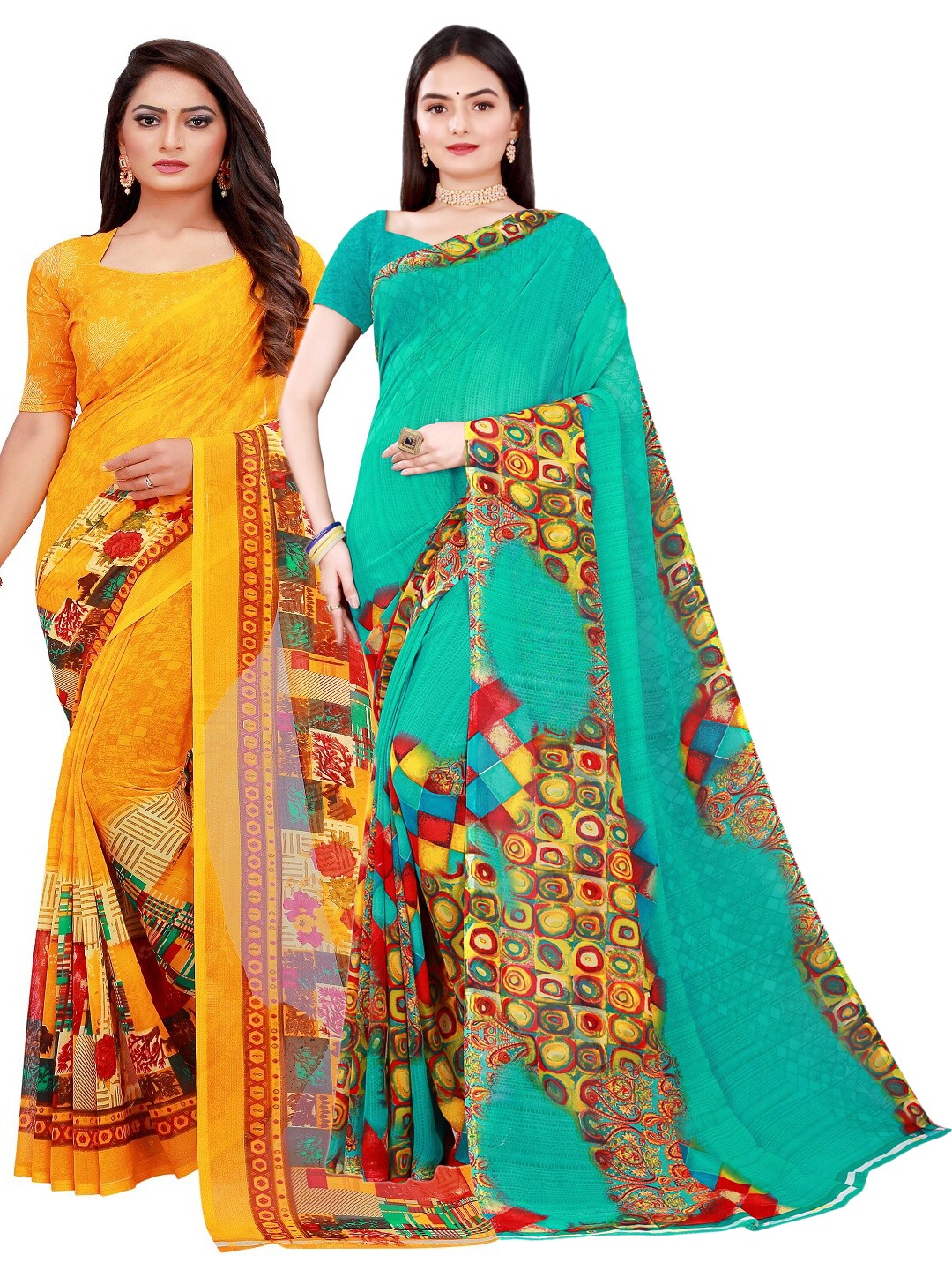 

Florence Pack of 2 Yellow & Turquoise Blue Floral Pure Georgette Sarees